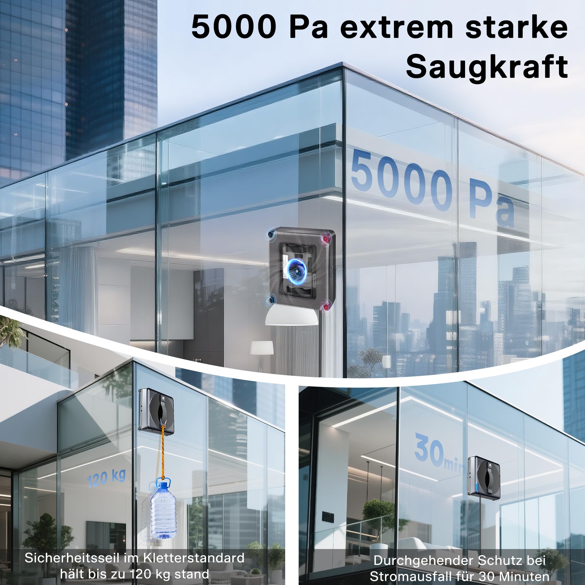 Fensterputzroboter mit Fernbedienung, 4-Düsen-Wassersprüher, Turbo-Absaugung 5000PA Starke Saugkraft, 3 Reinigungsmodi, Intelligente Pfadplanung, Kanten-Erkennung, Fernbedienung, 4 Reinigungstücher