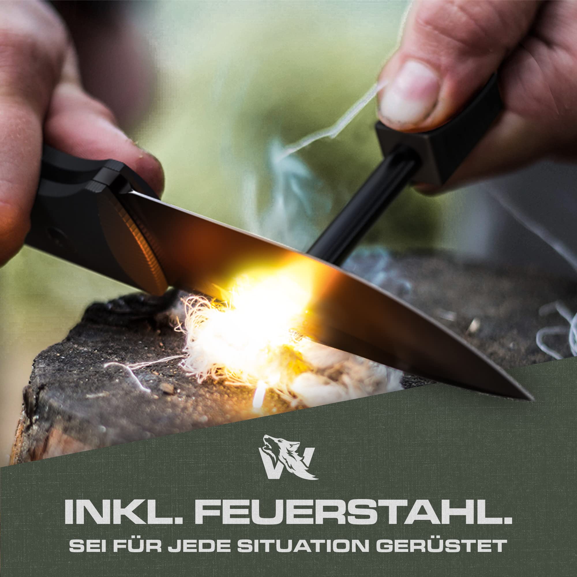 ODENWOLF LUPUS Outdoor Messer feststehende Klinge im klassischem Stil - Survival Messer feststehende Klinge - Jagdmesser mit Scheide und Feuerstarter - Perfektes Bushcraft Messer Outdoor Survival