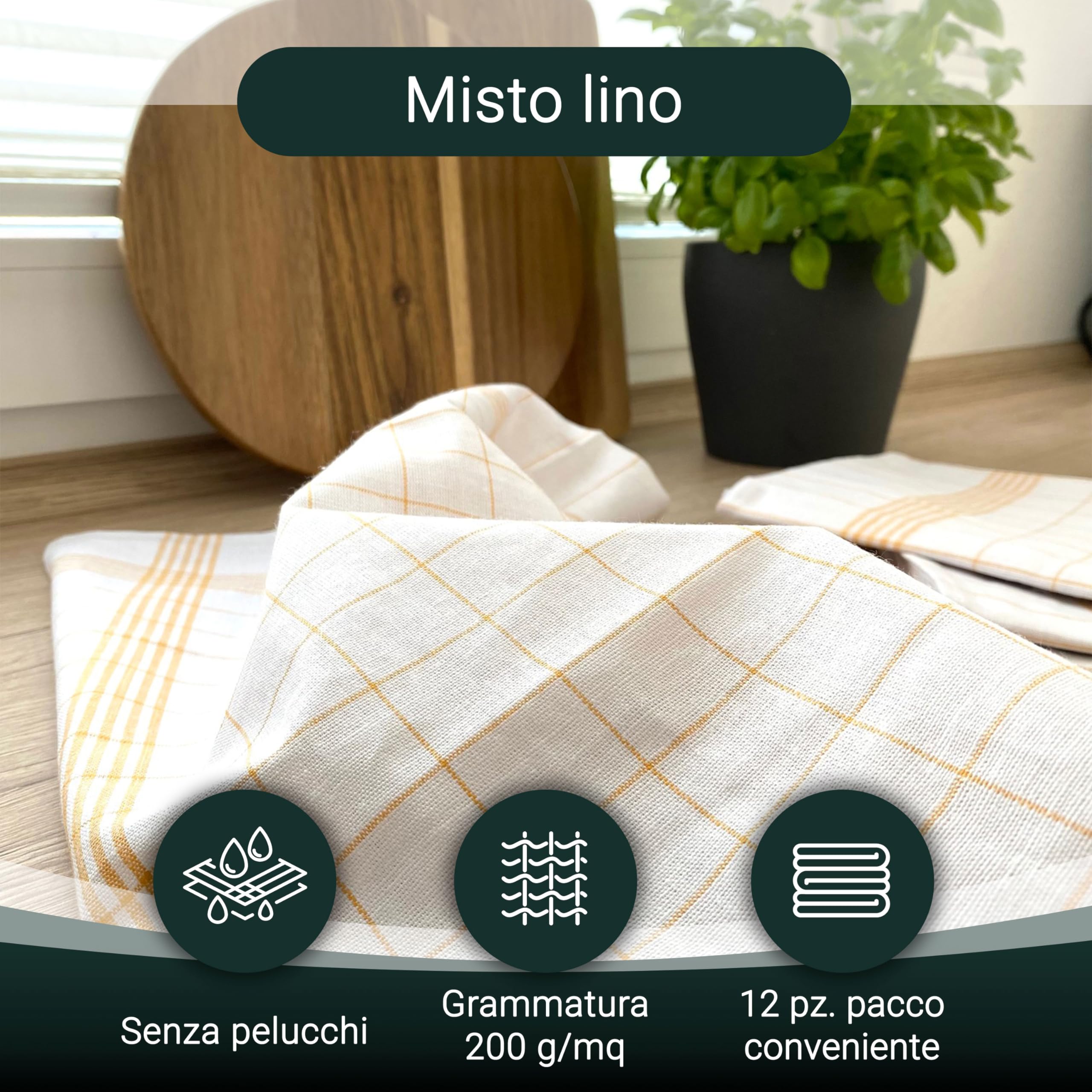 12 Strofinacci Da Cucina Cotone-Lino - 60x80cm, Super Assorbenti, Senza Pelucchi, Certificato Oeko Tex