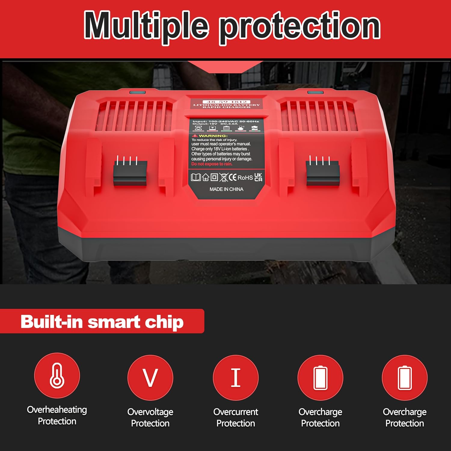 【Rapid!】 DMMNS 18V Rapid Charger Station Replacement for Milwaukee 48-59-1802 18V Dual Bay Simultaneous Rapid Charger,Compatible with 48-59-1802 48-59-1806 48-59-1804 48-59-1812 Charging Station - Image 4
