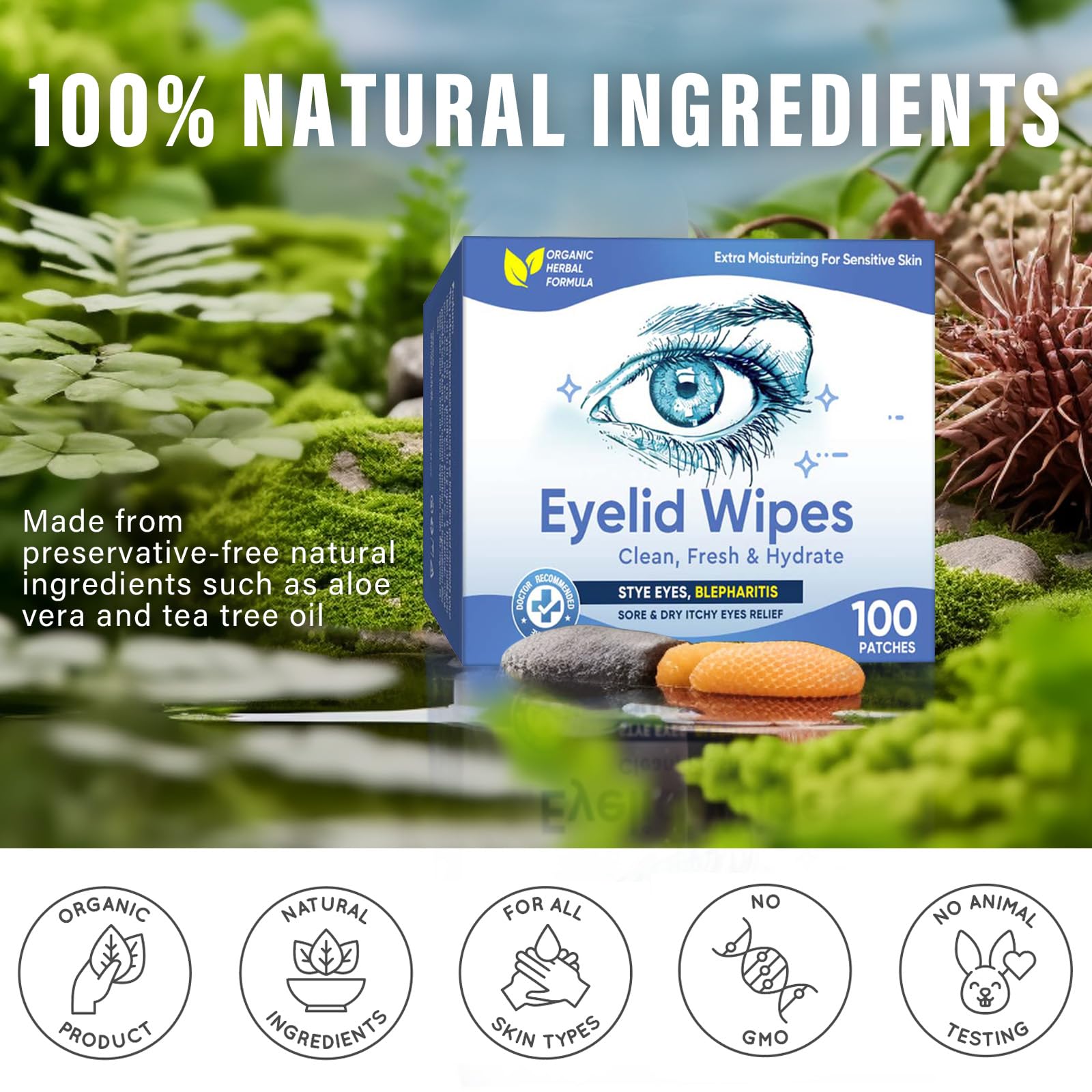 Lot de 100 lingettes pour paupières - Traitement des yeux - Traitement de la blépharite, des yeux secs, démangeaisons et nettoyage des yeux - Doux et apaisant