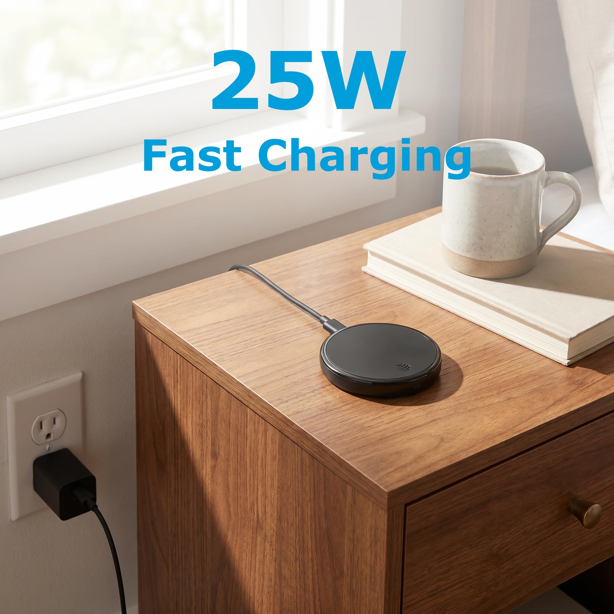 AT&T 25W Qi2 2 Pad di ricarica wireless magnetico costruito in cavo USB C | Rilevamento di oggetti estranei, allineamento magnetico, design compatto sottile, telefoni compatibili, comodino da scrivania