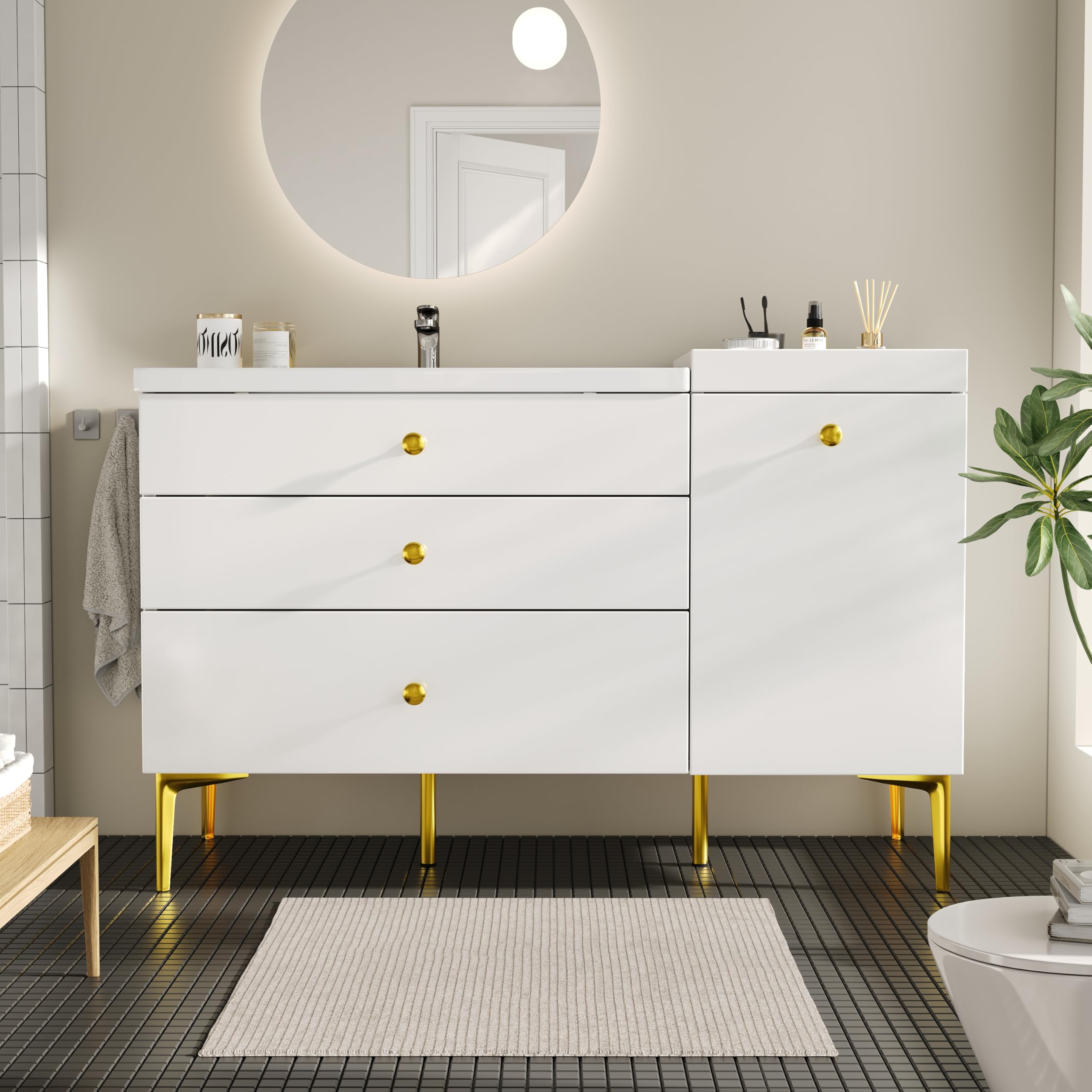 SUKY Armadietto da bagno con lavabo in ceramica, mobiletto da bagno con cassetti e armadio, moderno mobile da bagno, 120 x 47,5 x 80 cm, bianco con oro