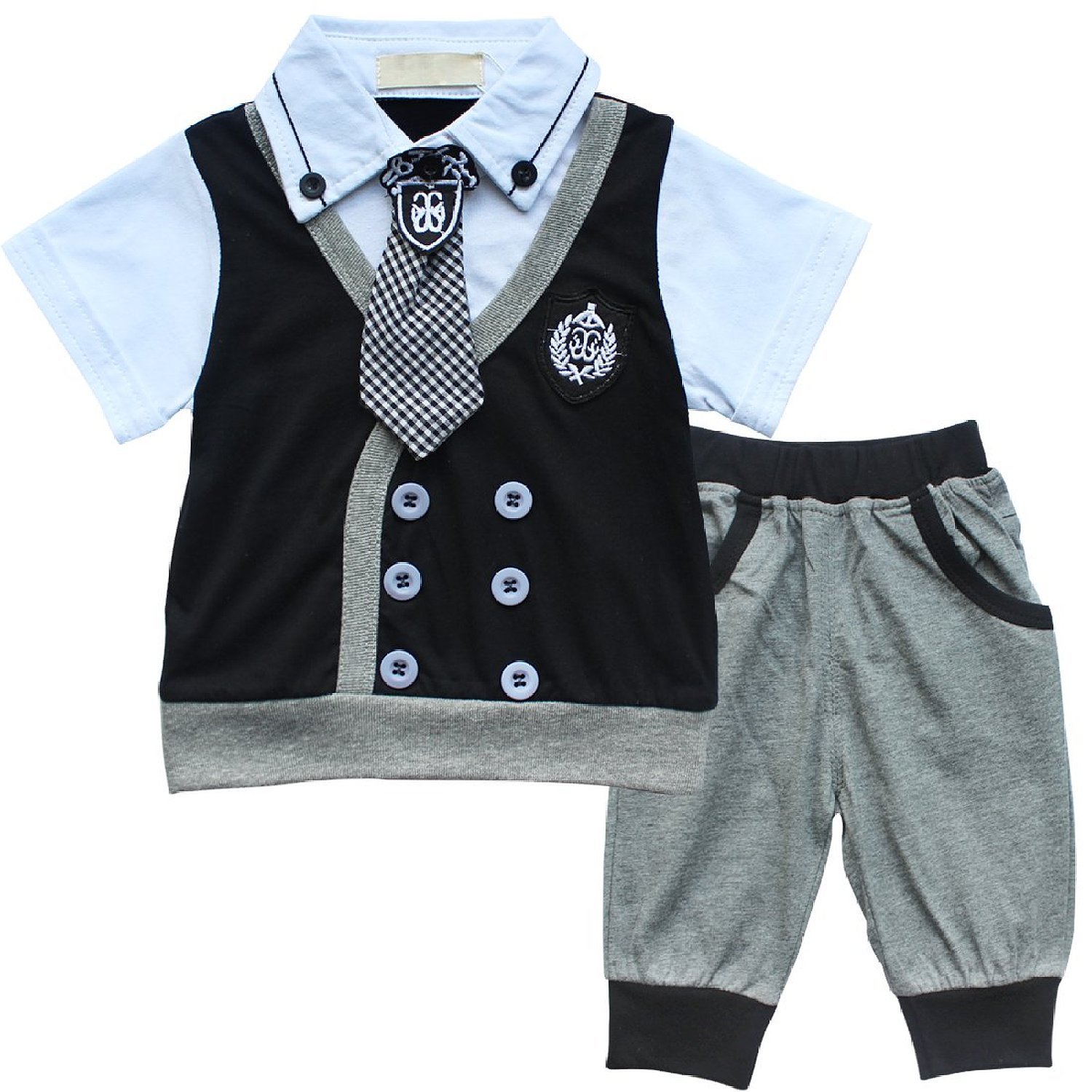 Toddler Boys Cotton Short Sleeve T-shirt +Vest +Pants 3 Piece Set (80(Advice 6-12 month), black)
