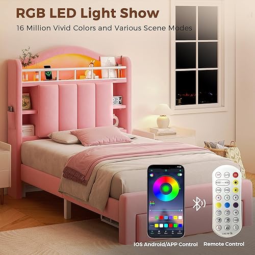 Miniatura 7 de Base de cama LED individual con cabecera de almacenamiento y 2 cajones de almacenamiento, cama tapizada de terciopelo princesa con diseño de