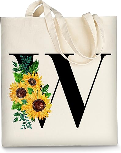 Miniatura 9 de AUSVKAI Bolsa de lona estética para mujer, lindas bolsas de girasol con iniciales de moda con asa para comestibles