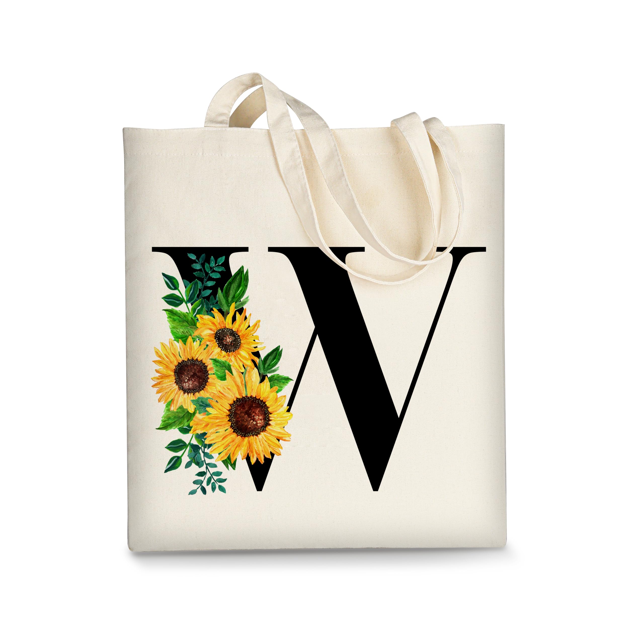 AUSVKAI Canvas Tote Bag Aesthetic for Women, Cute Sunflower Initial Trendy Monogram Personalized Initial Birthday Reusable Cloth Cotton Bags with