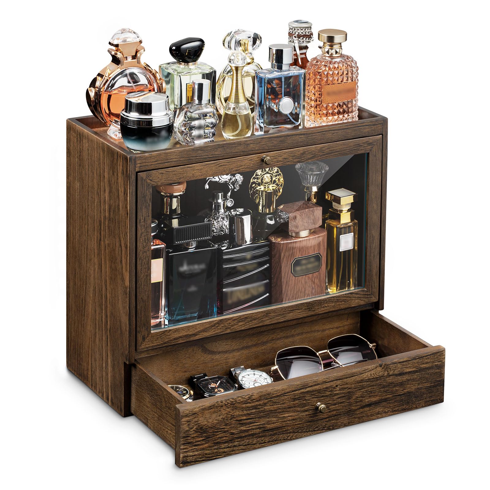 Organizador Perfumes Hombre, 3 Niveles Vitrina para Perfumes con Cajones, Organizador de Perfume de Madera, Expositor Perfume para Mostrar Joyas y Cosméticos, Gran Regalo (Rústico)