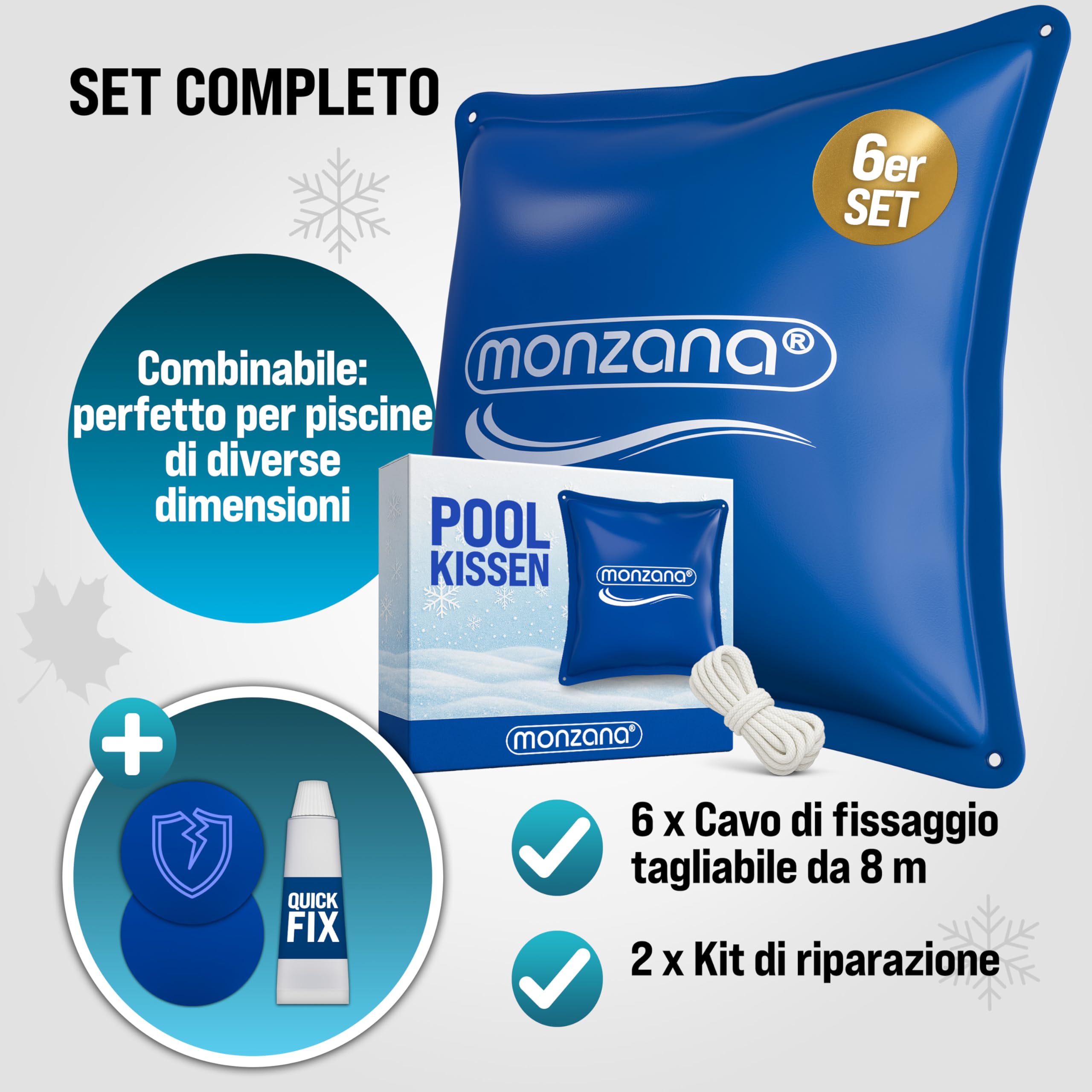 MONZANA® 6x Cuscino Gonfiabile per Piscina Invernale 120 cm XL PVC -20°C Doppia Cucitura 4 Occhielli Valvola Sicurezza Copertura Pool Winter | Cuscino Invernale, XL, Copertura, Pool, PVC, Resistente, Carico Max 15 Kg, Doppia Cucitura, Antigelo, Antifoglie