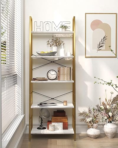 Miniatura 9 de Yusong Bookshelf, Ladder Shelf 5-Tier Bookcase for Bedroom, Industrial Book Shelves Storage Rack with Metal Frame for Home Office, Gold
