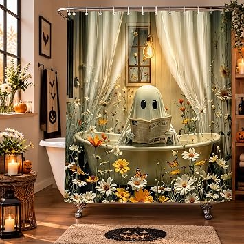 Drgilau Funny Halloween Ghost Shower Curtain, Halloween Spooky Bathroom Curtain Ghost Sitting in Bathtub Reading Newspaper Shower Curtains Set, Waterproof Bath Curtains Decor with 12 Hooks 60X72 Inch