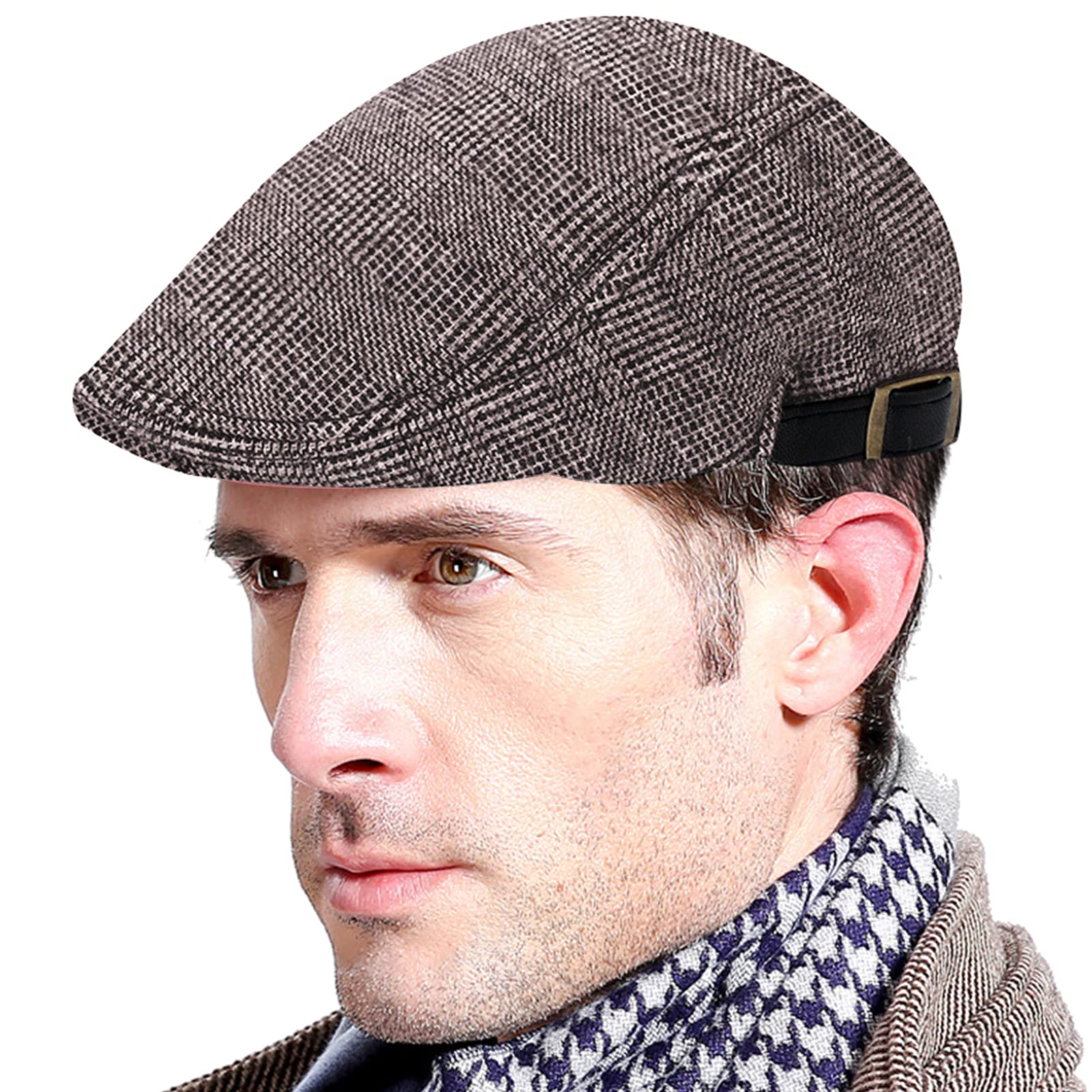 Aieoe Men's Brown Plaid Tweed Duckbill Caps Warm Panel Peak Beret Hat Hunting Cap