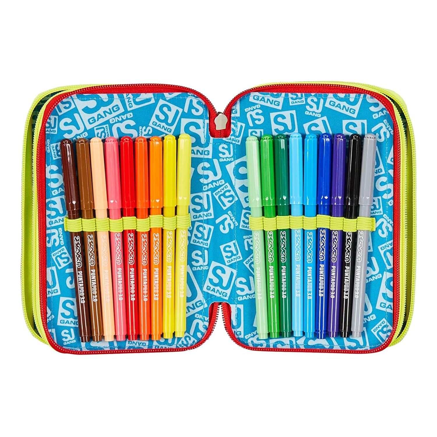 SJ GANG STYLE JAM GANG Astuccio Scuola 3 Zip, Nero, Rosso, FunnyGoal, Portapenne Triplo Scomparto Completo Di Penne, Matite, Colori, Accessori Zaino, Elementari, Medie, Bambino