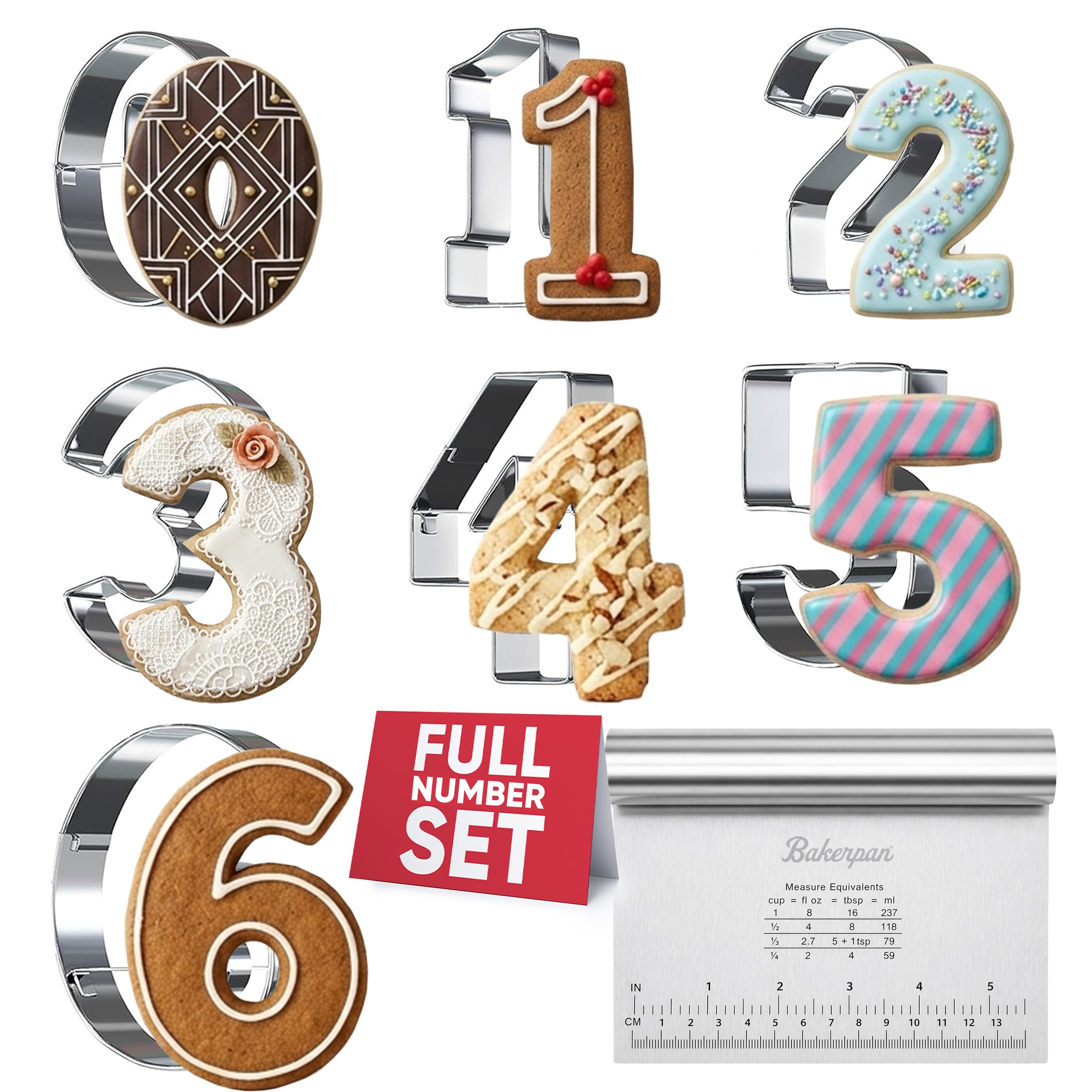 Bakerpan Stainless Steel Big Number Cookie Cutter Set - 9 Large 3.5 Inch Number Cookie Cutters 0-9 (Reversible 6/9) for Cookies, Biscuits, Fondant, Birthdays & Cake Decorating + Bonus Dough Cutter