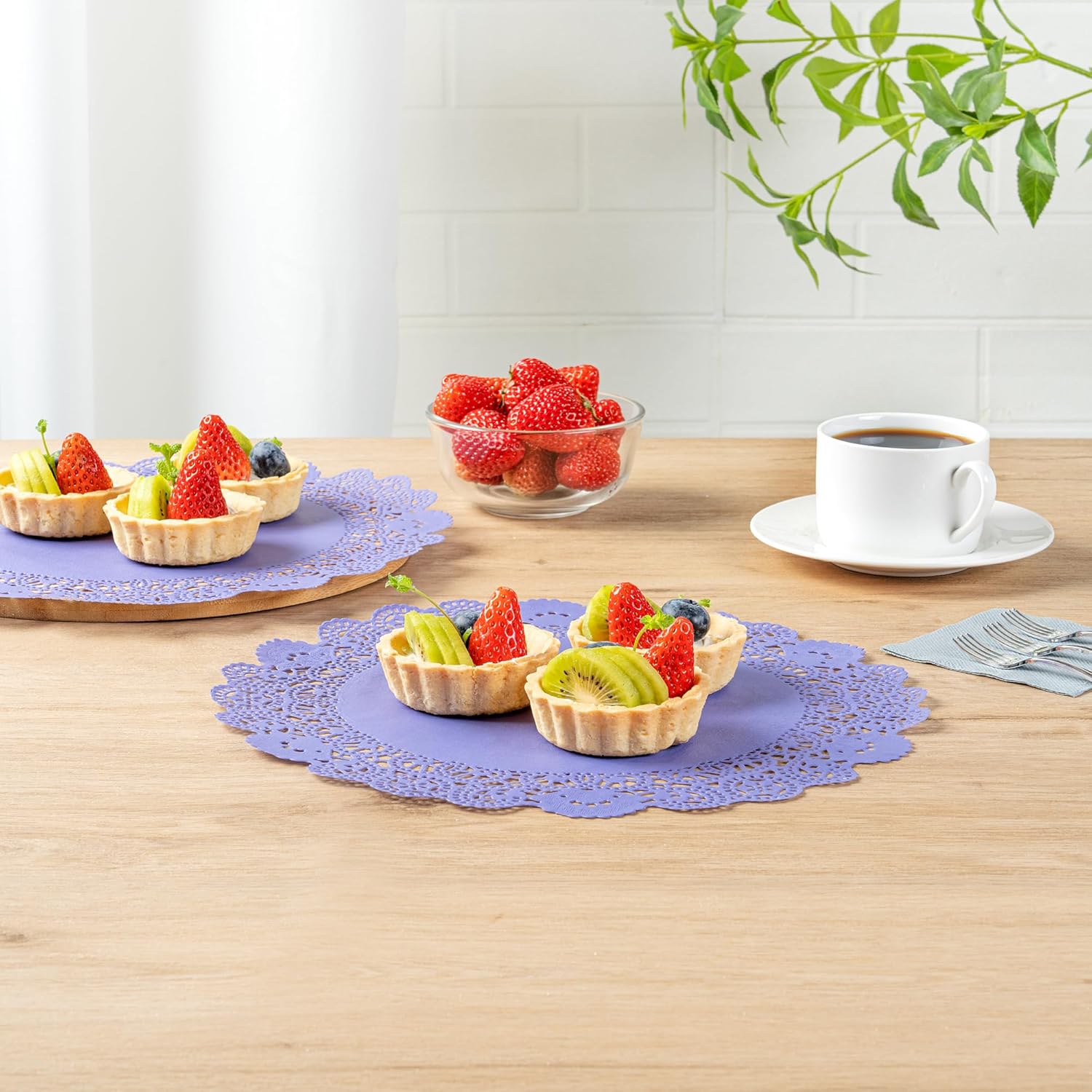 Pastry Tek 12 x 12 Inch Paper Lace Doilies, 100 Disposable Table Doilies - Elegant Lace Finish, Long Lasting, Purple Paper Doily, for Pastries, Cupcakes, Desserts - Restaurantware