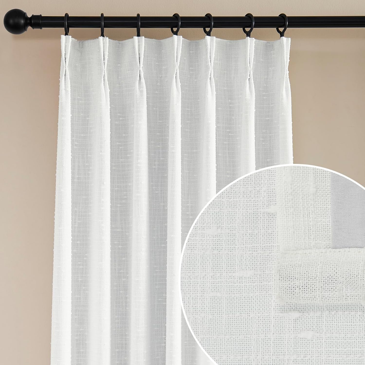 Pinch Pleated Linen Sheer with Liner for Bedroom,Back Tab Elegant Stripe 100% Blackout Curtain for Living Room,2 Panels, 40" W x95 L,White White 40"W x 95"L (Pack of 2)