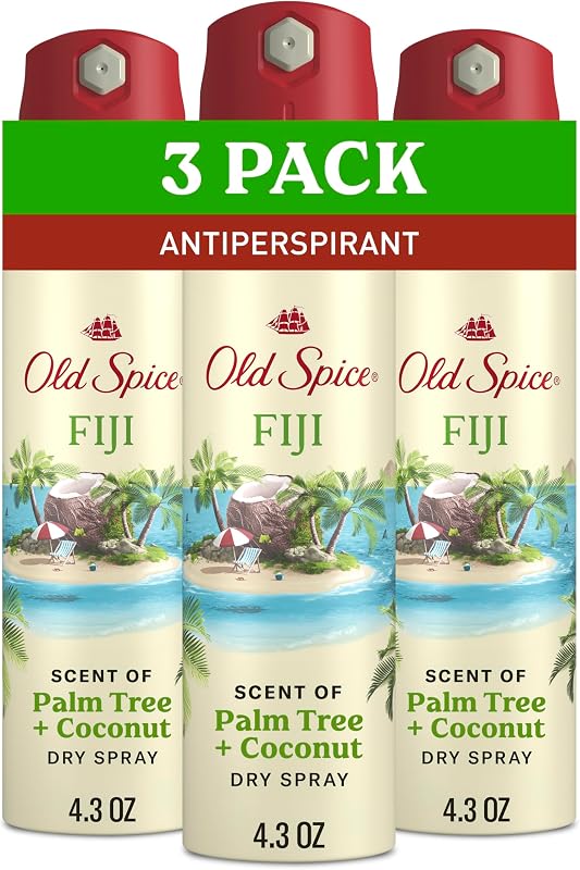 Old Spice Dry Spray Antiperspirant Deodorant for Men, 24/7 Freshness, 24/7 Sweat & Odor Protection, Gentle on Skin with Skin Conditioners, Fiji with Palm Tree + Coconut, 4.3 oz (Pack of 3)