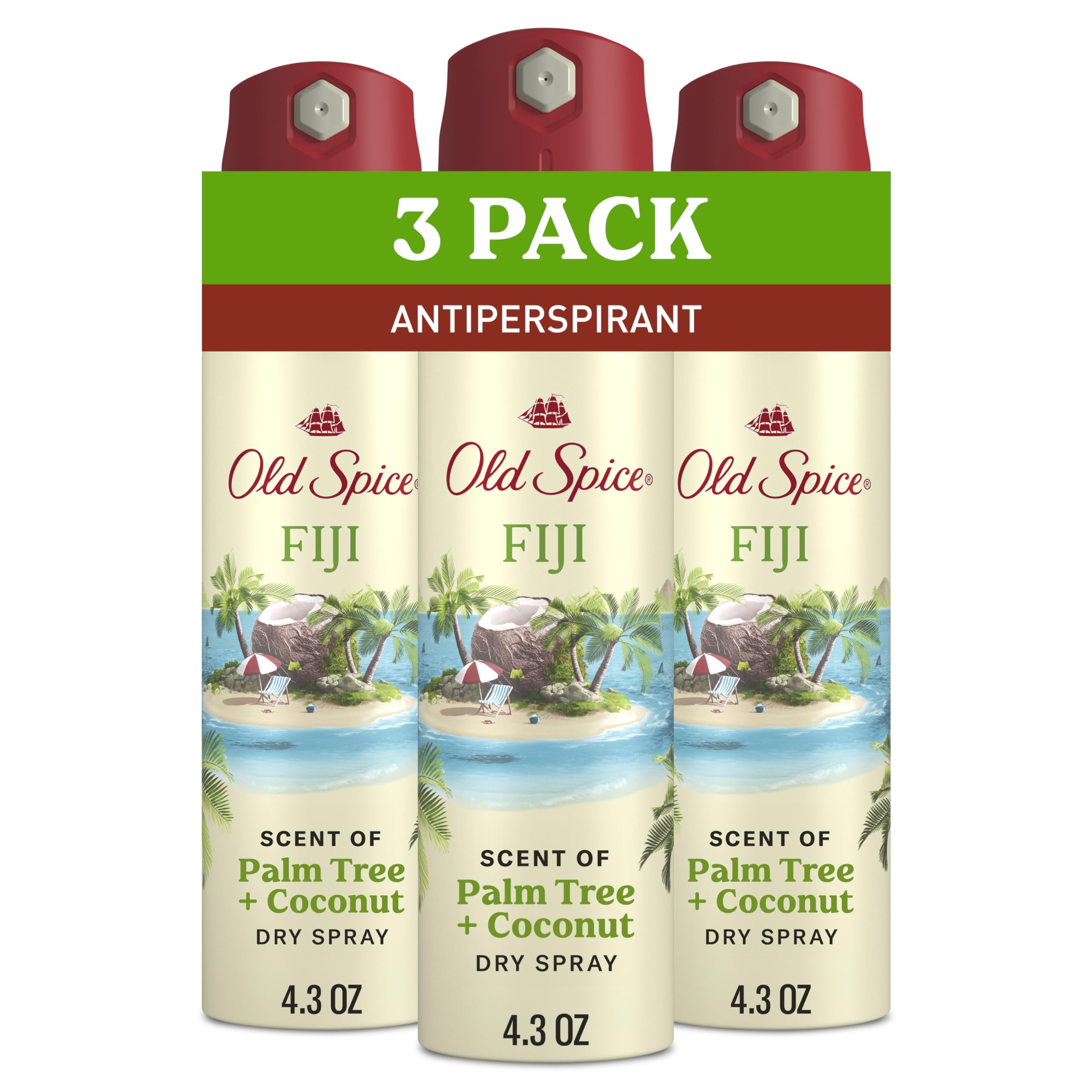 Dry Spray Antiperspirant Deodorant for Men, 24/7 Freshness, 24/7 Sweat & Odor Protection, Gentle on Skin with Skin Conditioners, Fiji with Palm Tree + Coconut, 4.3 oz (Pack of 3)