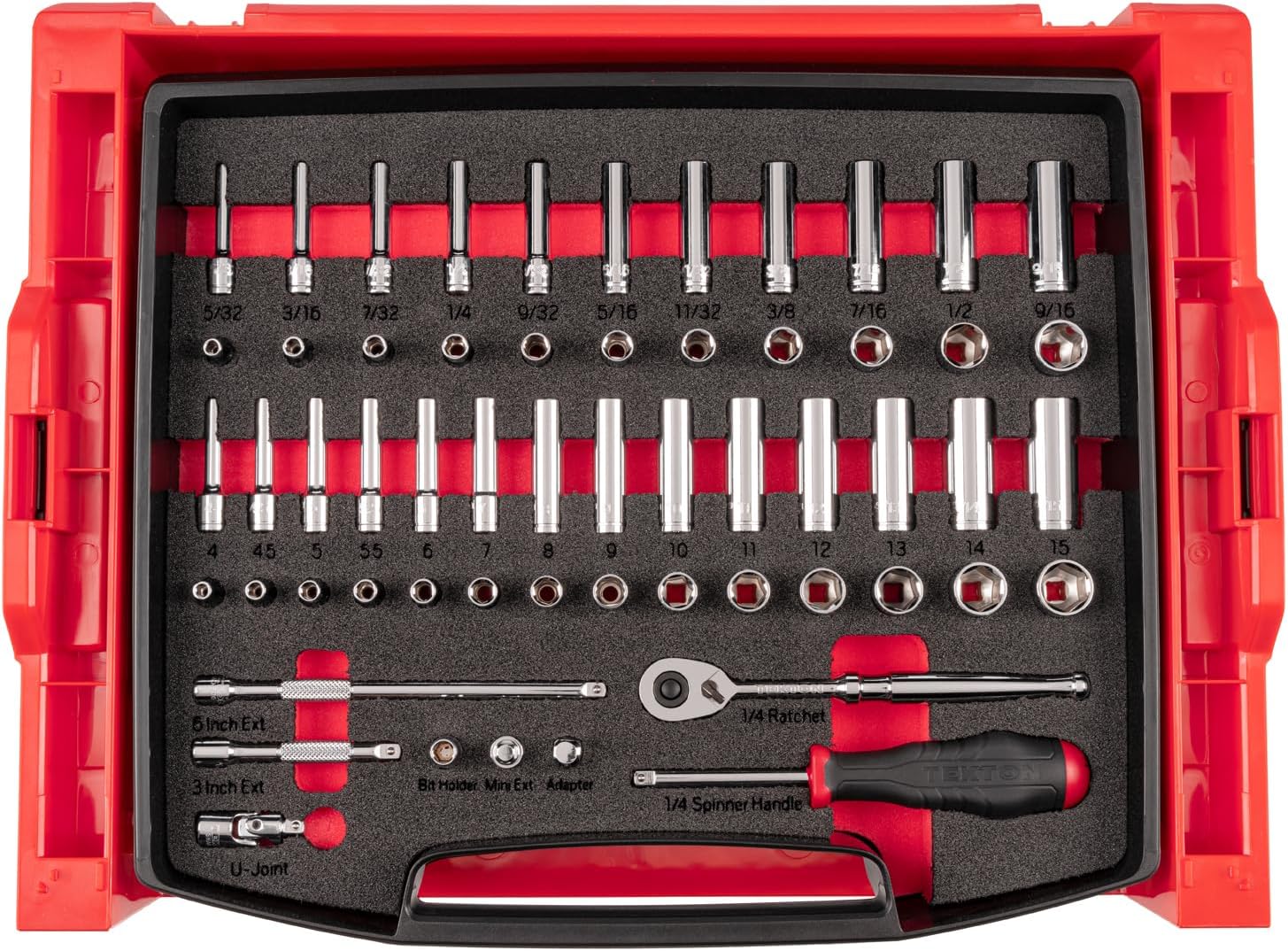 TEKTON 1/4 Inch Drive 6-Point Socket and Ratchet Set with Open Top Drawer and Rack, 58-Piece (5/32-9/16 in., 4-15 mm) | OLB94303