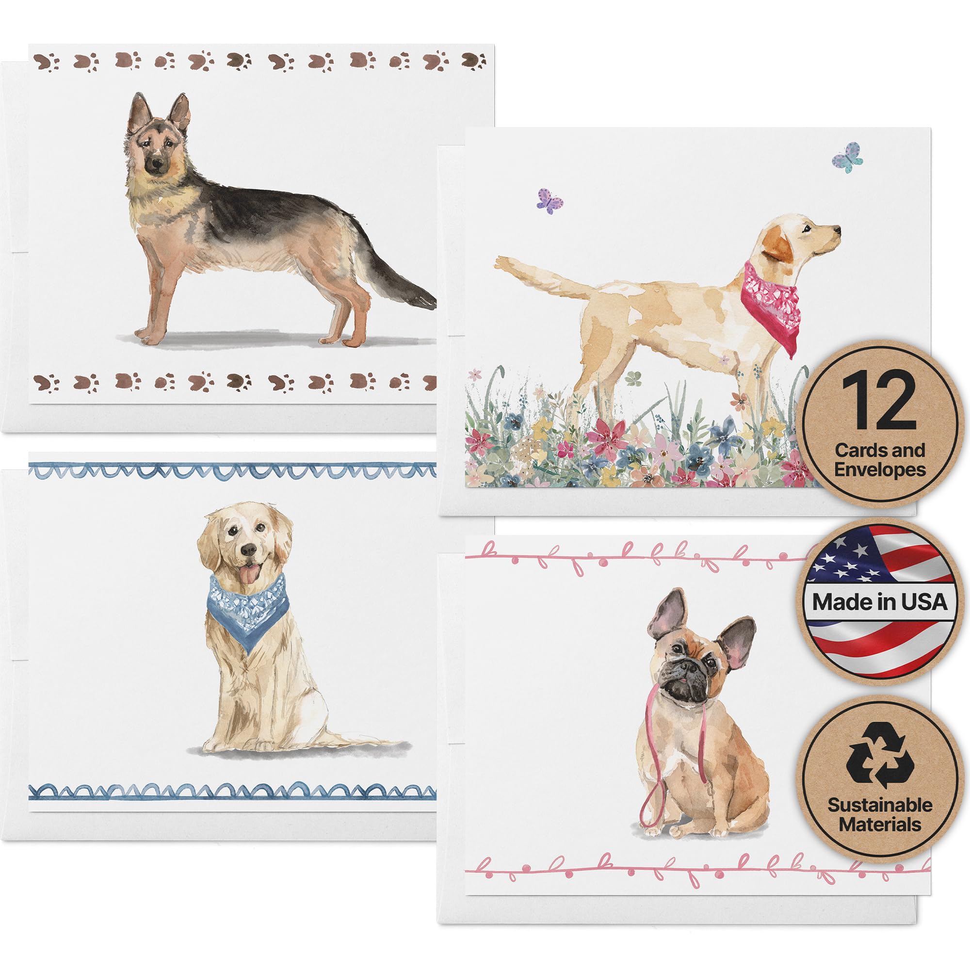 Twigs Paper Note Cards Dogs Design - 12 Assorted Dogs Note Cards with Envelopes - Made in USA Greeting Card - Eco Friendly Blank Cards and Envelopes -