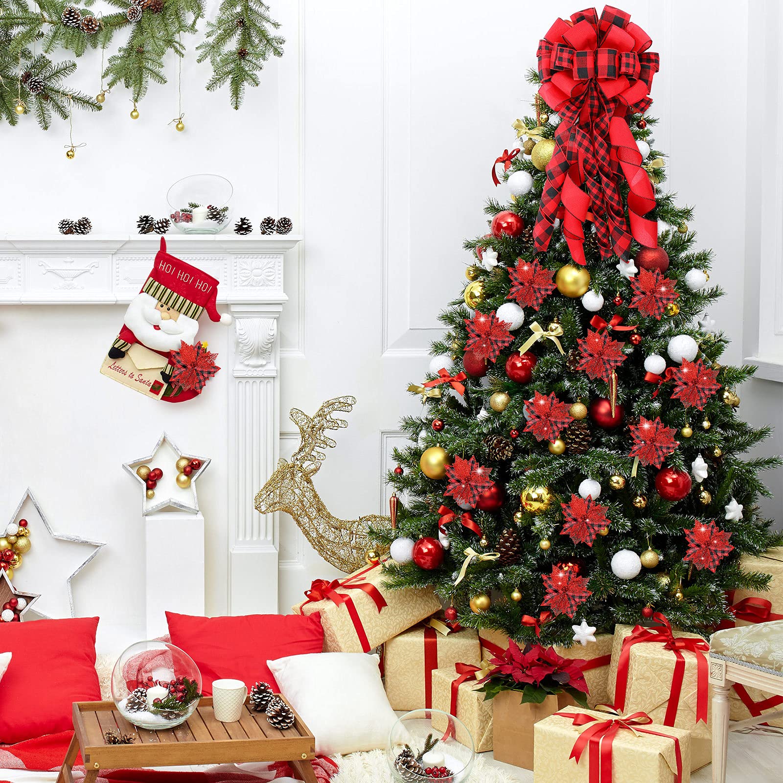 Grand Toppers de N UD 12 X 33 Pouces Noeud de Noël Suspendu Décoratif Ornements d'arbre de Noël Fleurs de Noël Artificielles avec Ruban pour Arbre de Noël (Carreaux Buffalo Rouge Noir)