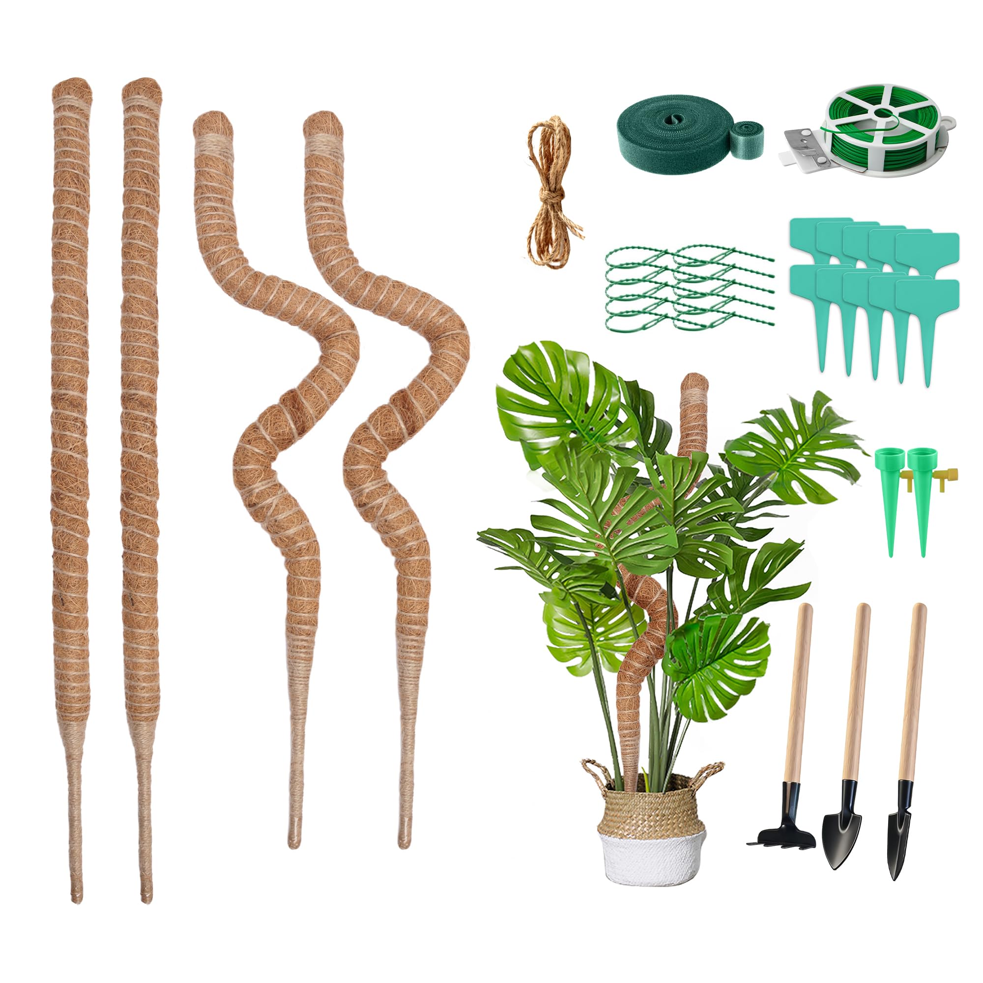 AIGOCITY 4 Pack Bendable Moss Poles for Climbing Plants - 60cm Coco Coir Plant Support for Monstera, Philodendron & Pothos - Flexible Indoor Plant Stakes with Garden Twine, Twist Ties & Mini Tool Kit