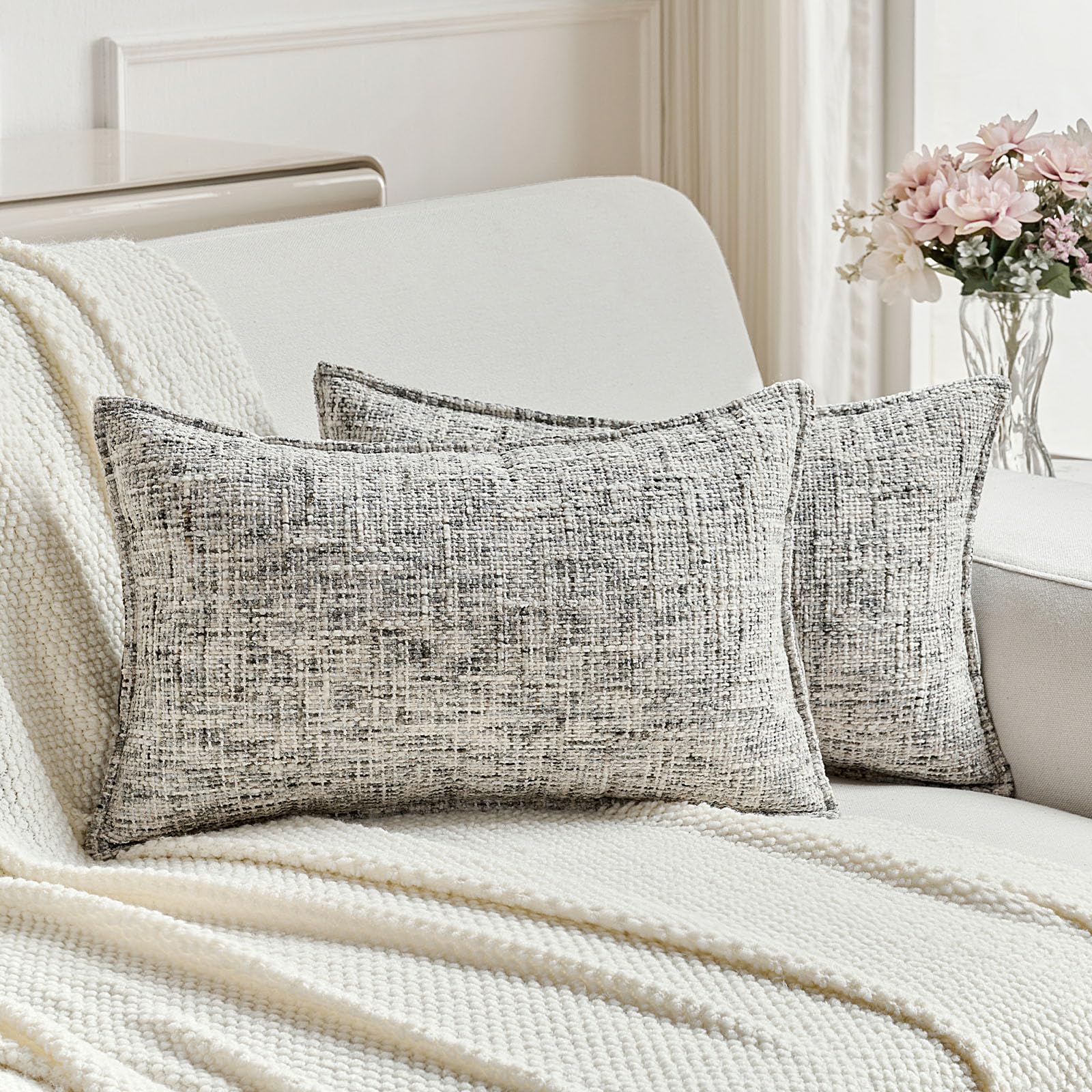 FUTEI Set of 2 Soft Tweed Chenille 30x50 cm Cushion Covers Farmhouse Micro-Check Textured Scatter Pillowcase 30 x 50 cm Vintage Accent for Sofa Bed Living Room, Black