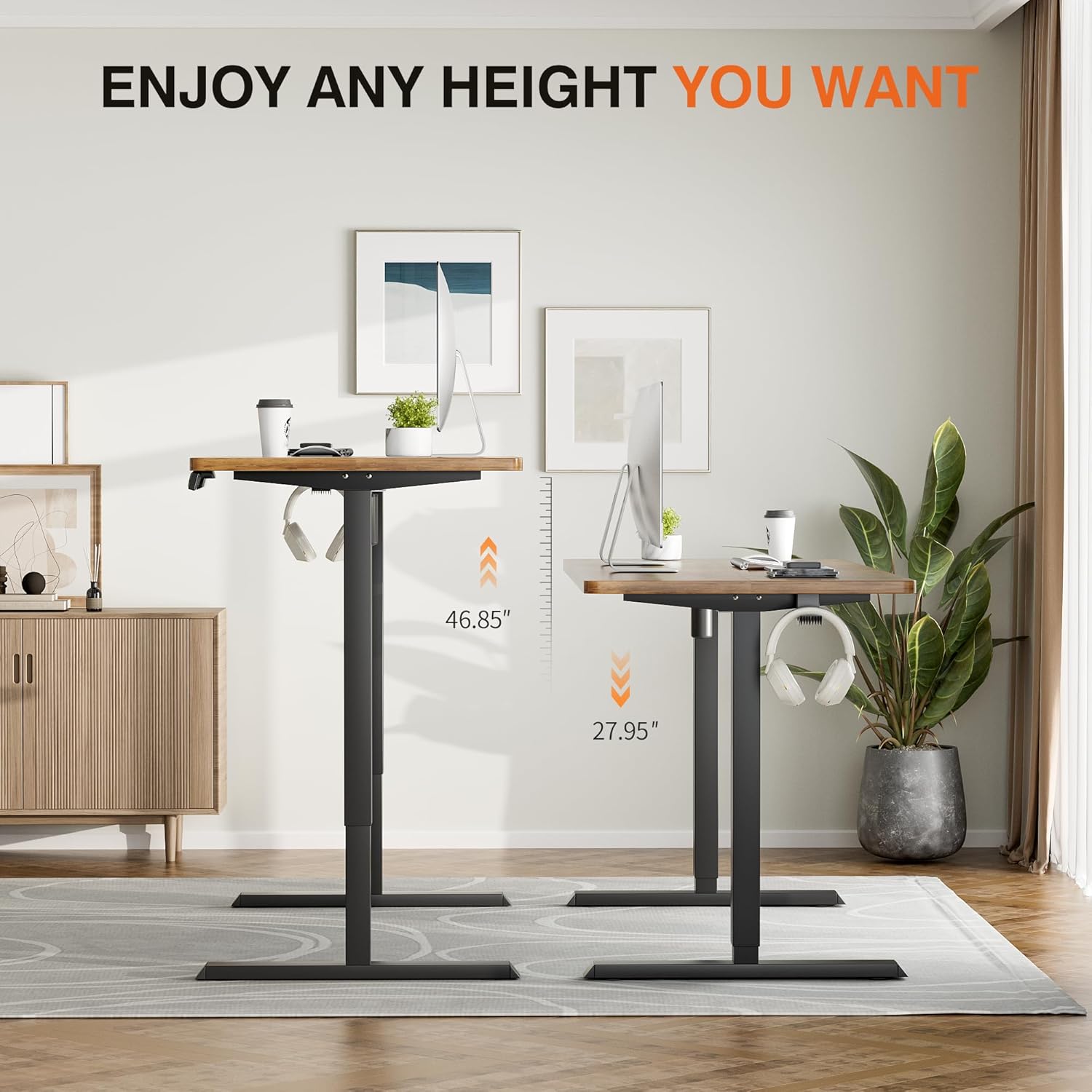 Two Furmax Electric Standing Desks side-by-side, illustrating the minimum and maximum height adjustments.