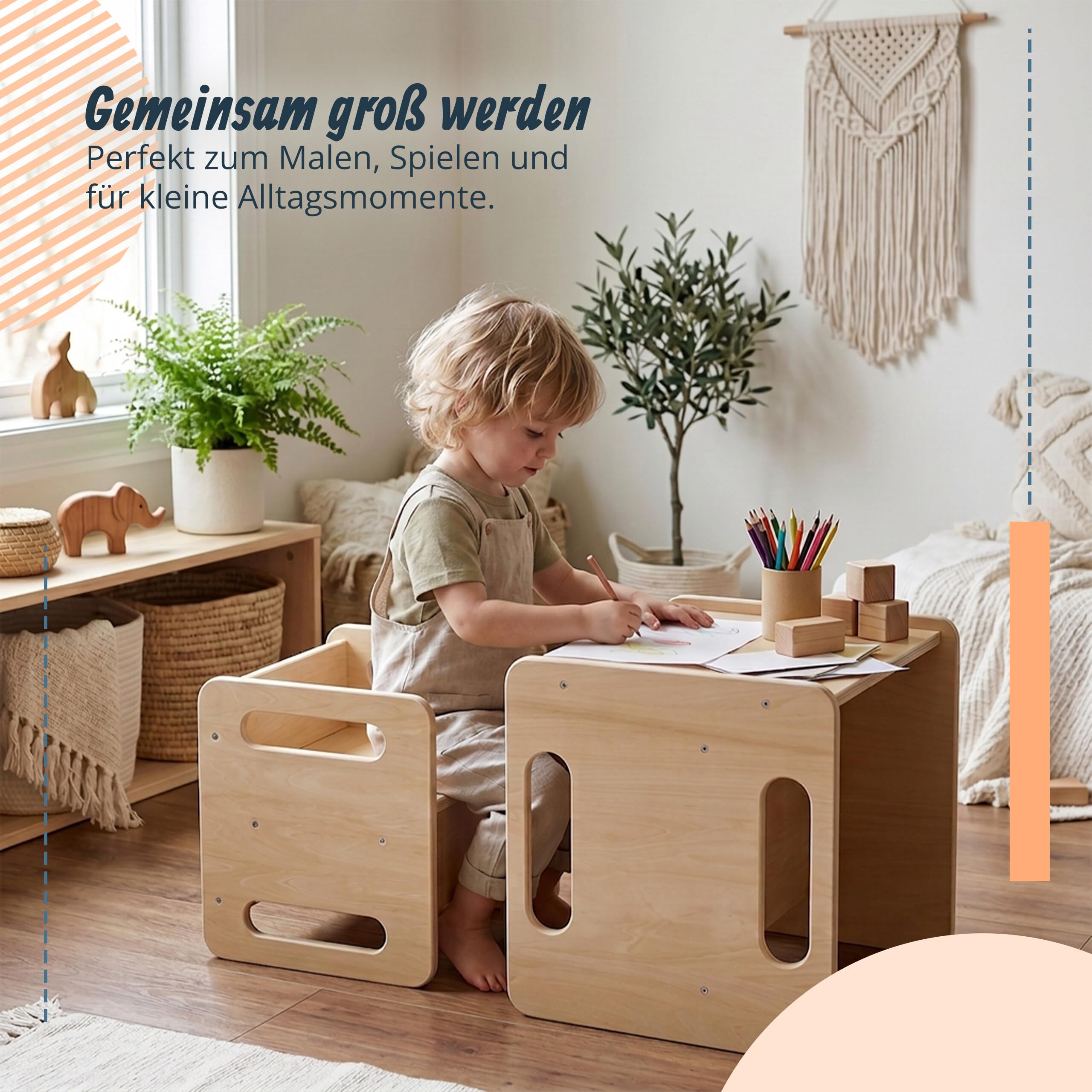 Relaxdays Kindersitzgruppe, 2-teiliges Set, Kindertisch mit Stuhl, Holz, Montessori Sitzgruppe, Kinderzimmer, Natur