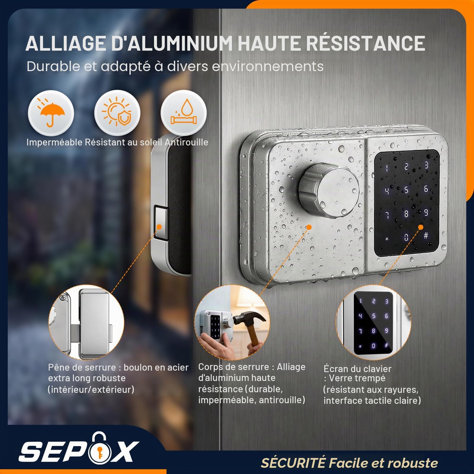 SEPOX Serrure Connectée Bluetooth Porte D’Entrée, Digicode, Clavier Tactile, Tuya, Sans Clé, Style Rétro, Pour Maison Appartement Bureau (Argent, Écran unique)