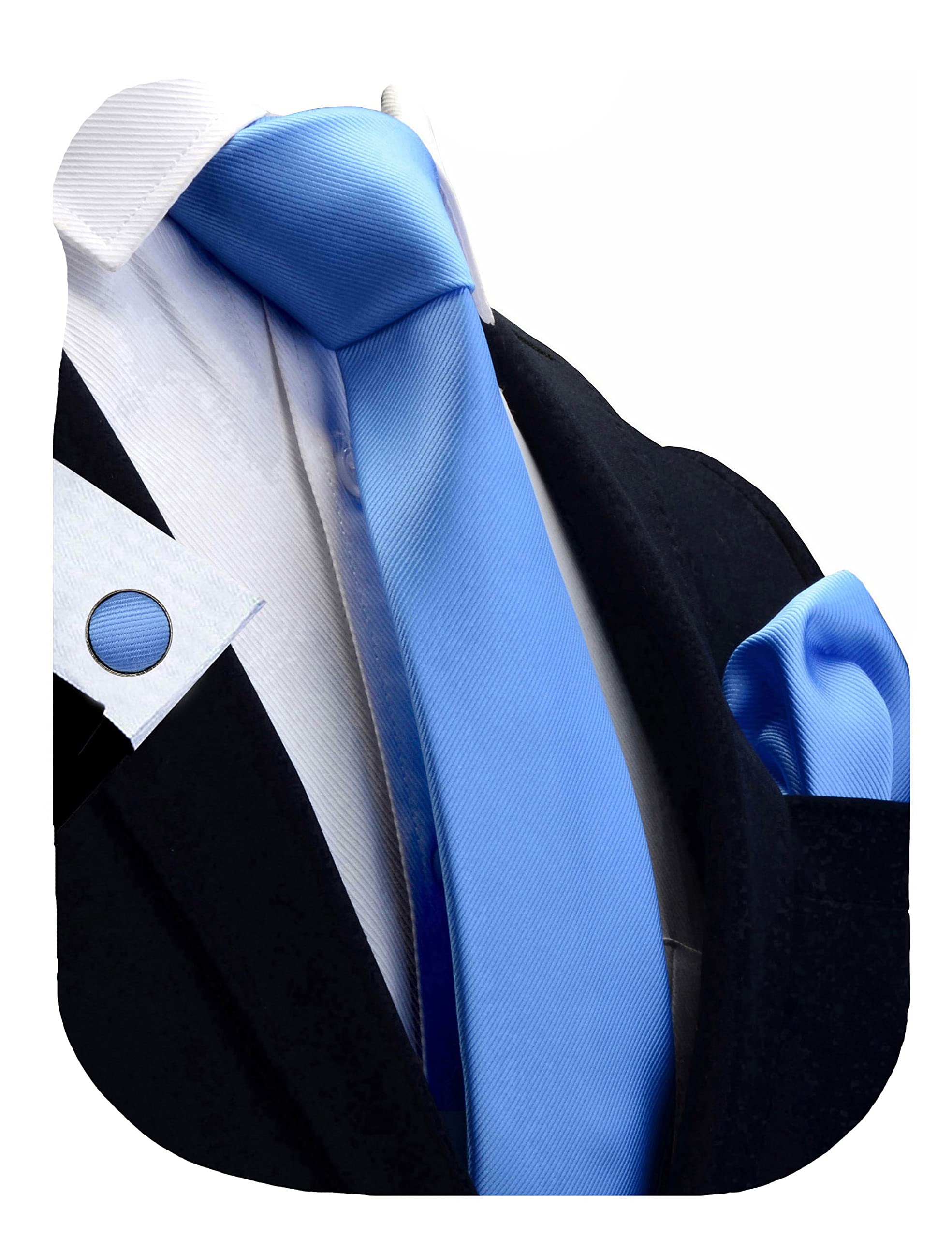 Gusleson Brand Mens Silk Solid Light Blue Formal Tie Neckties and Pocket Square Cufflinks Sets (UK0789-09)