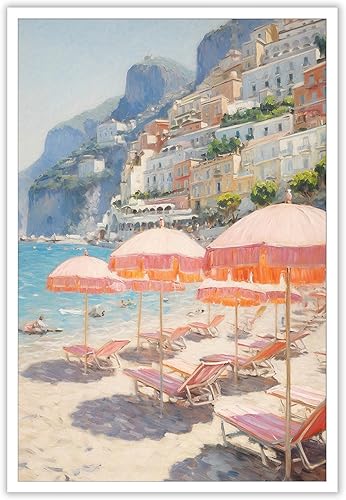 Quark Arte de pared de paisaje vintage de la costa de Amalfi, pintura retro de paisaje de playa de Italia, arte de pared estético costero de verano,