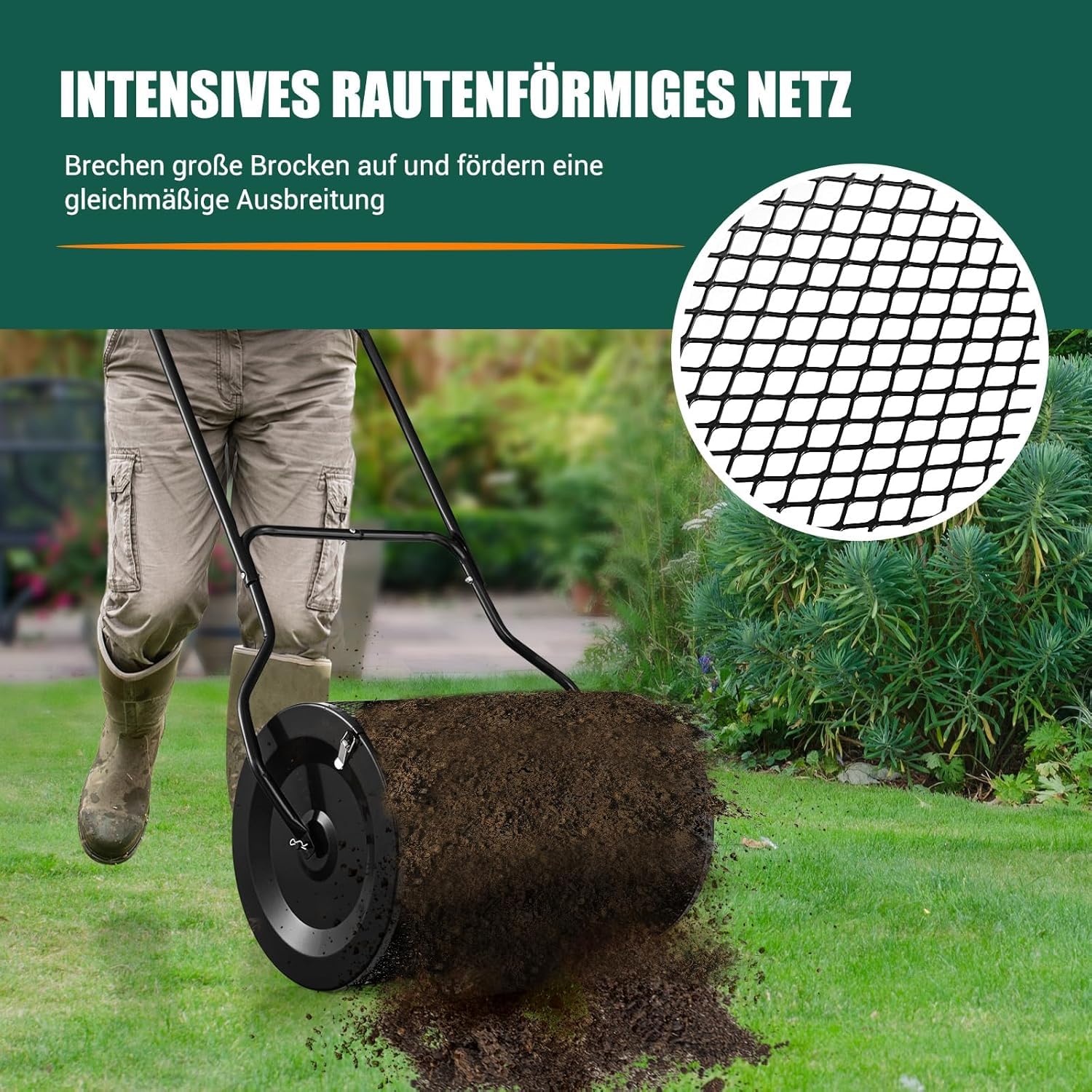 FANTASK Kompoststreuer 80L, Torfstreuer mit U-Griff, Düngerstreuer Rasen Garten, Gartenstreuer für Dünger & Setzlinge, Schwarz
