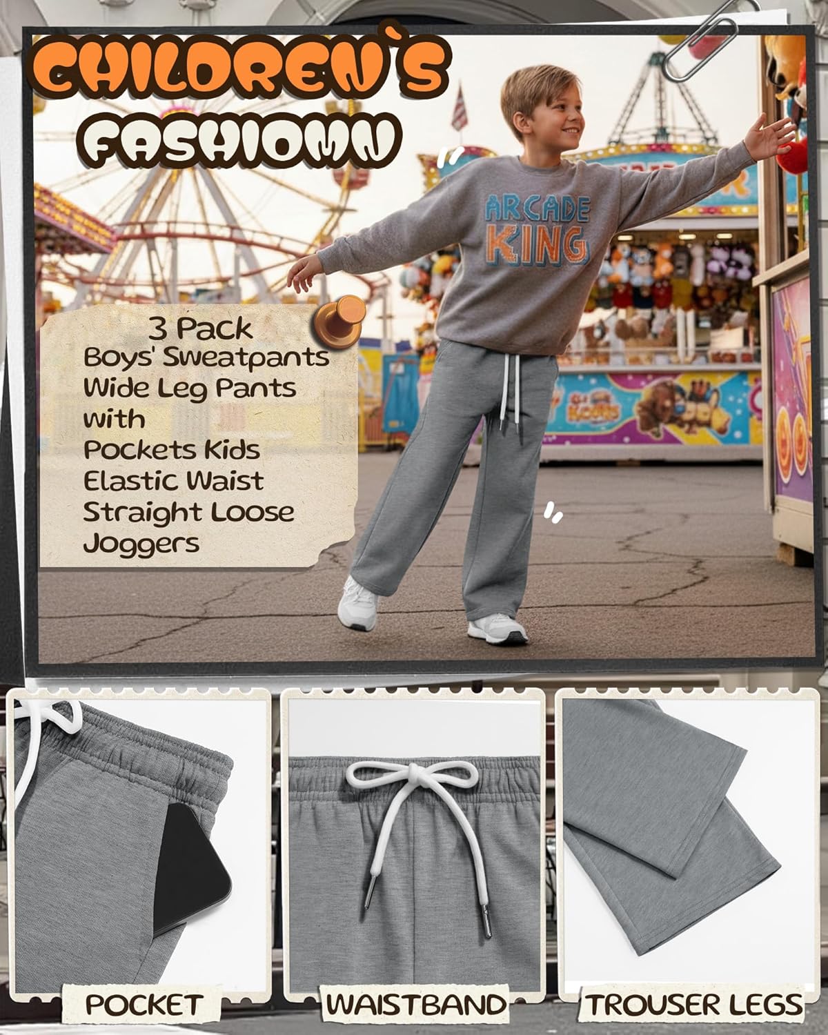 3 Pack Boys Straight Leg Sweatpant Kids Open Bottom Drawstring Athletic Jogger Baggy Elastic Waist Pant with Pocket
