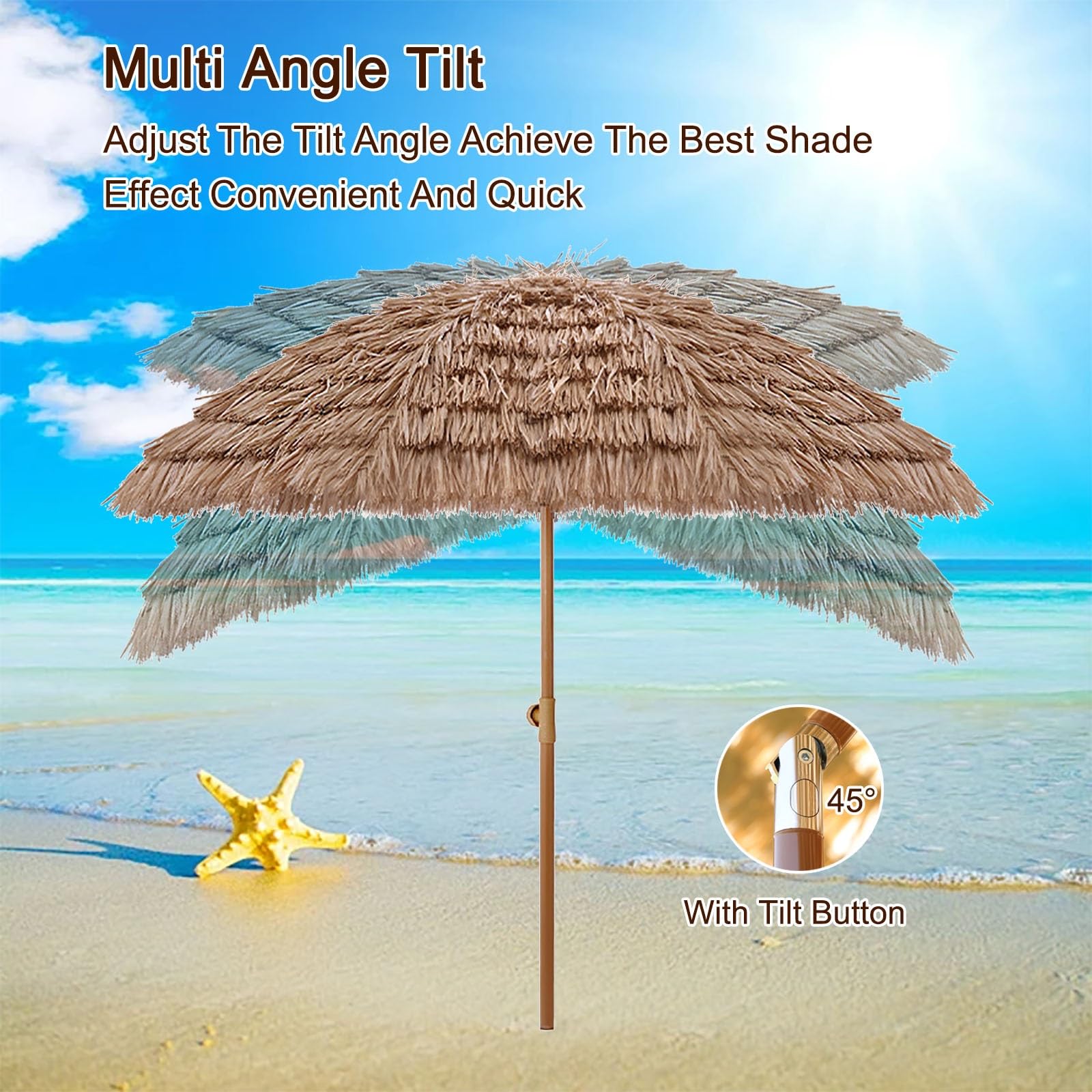 Sombrilla Terraza Inclinable Parasol De Paja Hawaii Sombrilla Playa Protección UV50+ Parasol Jardin Impermeable Parasol Terraza Antiviento Altura Ajustable Con Bolsa De Transporte Para Patio Jardín Pi