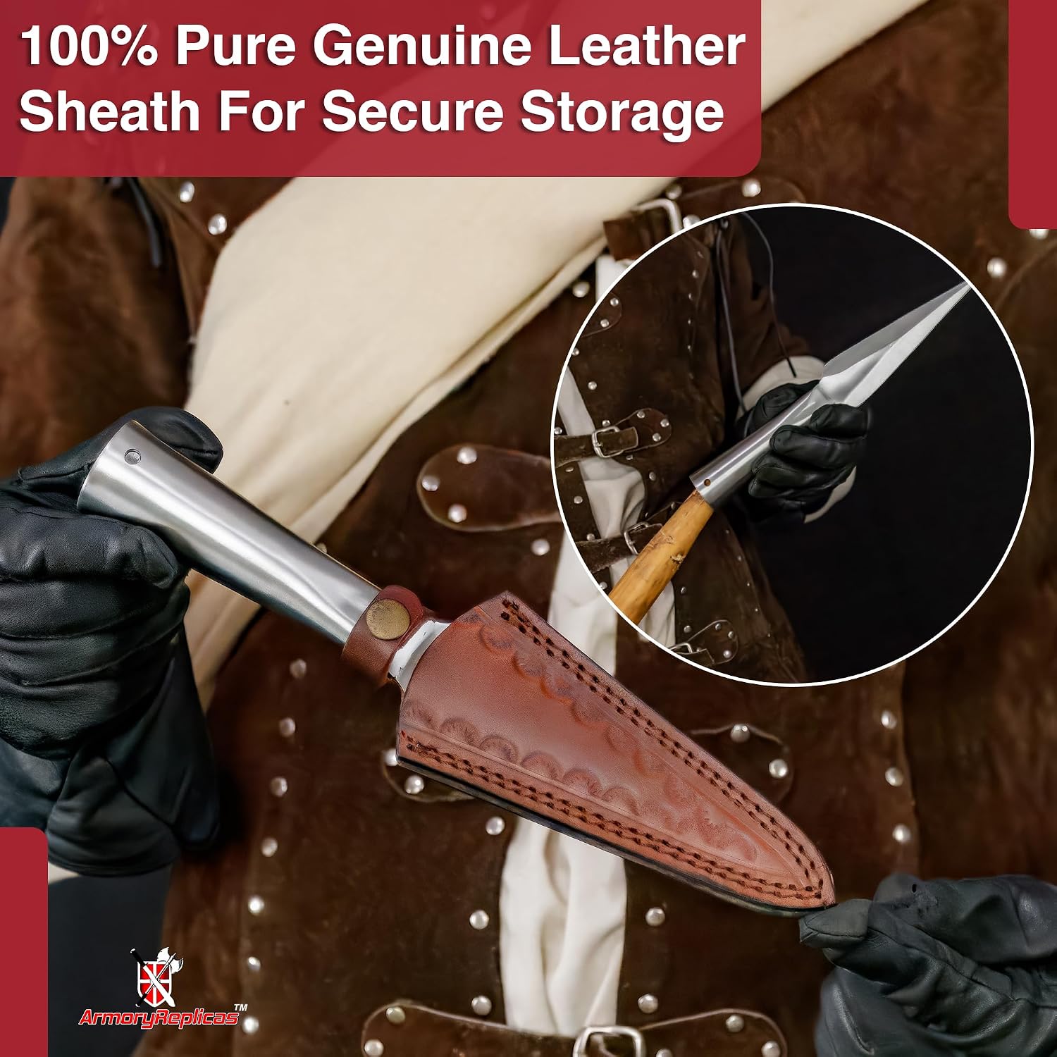 Armory Replicas - Tempered Carbon Steel Medieval Hunting Spear Head - Hand Forged Functional Outdoor Spear Mount Attachment with Genuine Leather Cover