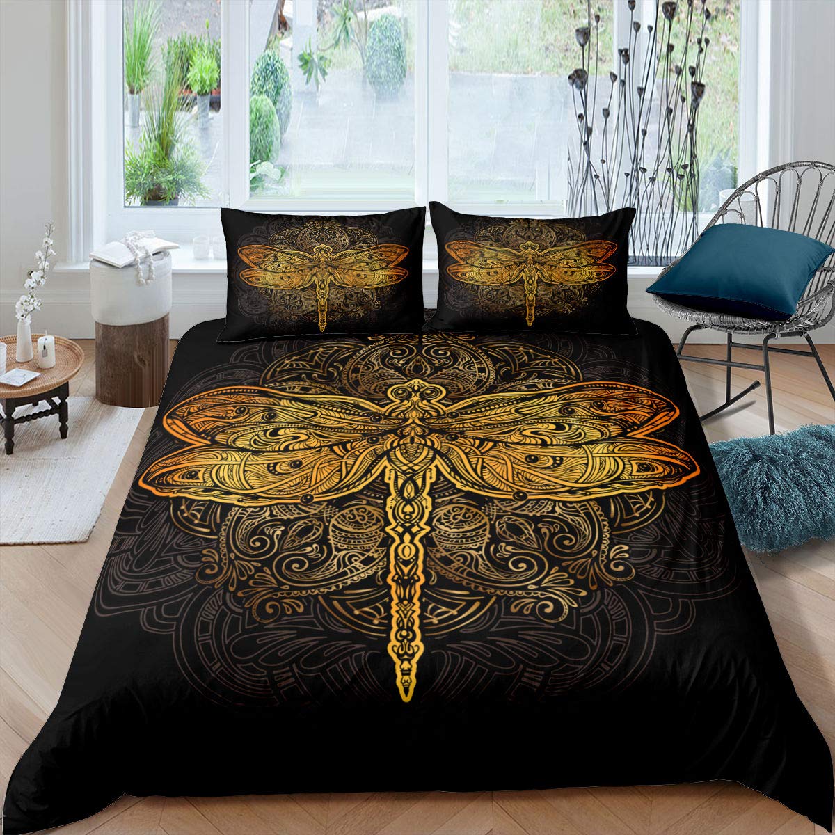 Bohemian Dragonfly Duvet Cover, Gold Boho Mandala Bedding Set Double Size, Hippie Tie Dye Comforter Cover Kids Teens Adult Women, Tribal Exotic Floral Insect Quilt Cover Bedroom Decor, Black Golden