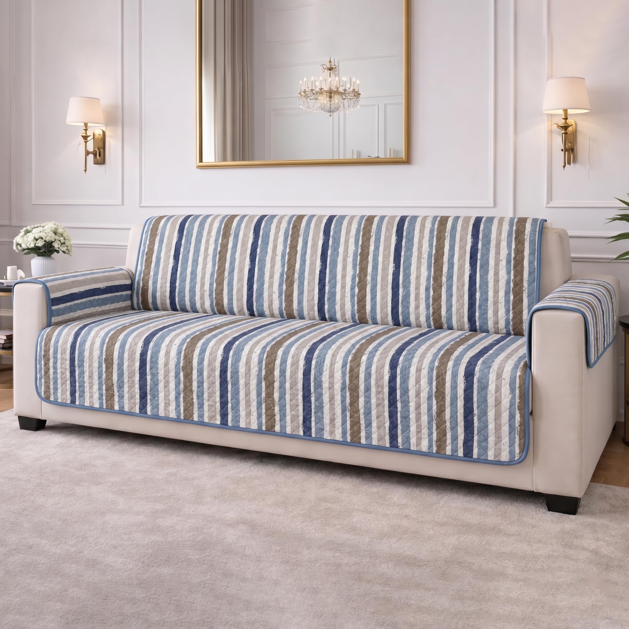 STITCHNEST 'CloudFeel Series' Quilted Printed Velvet Sofa Cover for 3 Seater | Premium Soft Velvet Sofa Protector | Blue Striped Design with Armrest Pockets | Furniture Cover