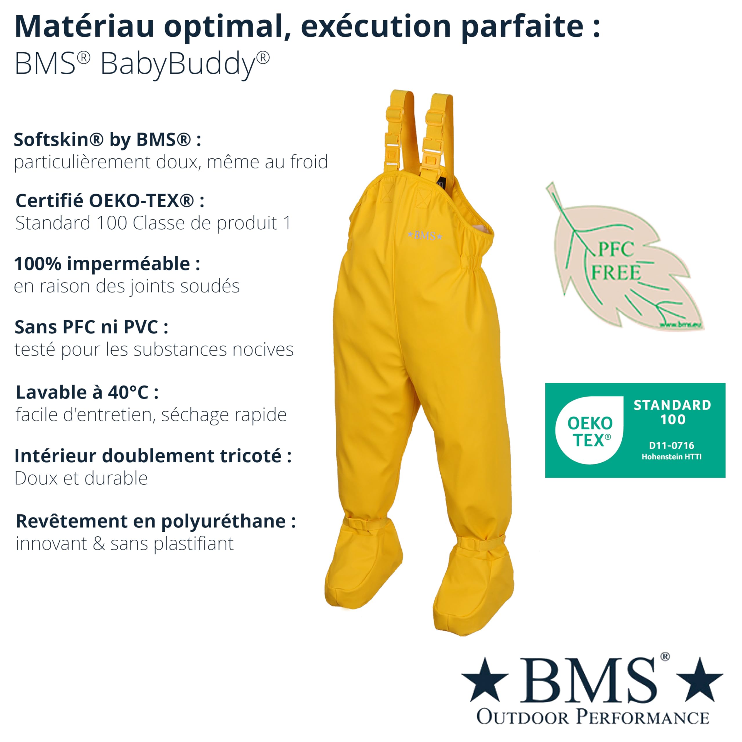 BMS Pantalon de Pluie à bavette BabyBuddy® avec Chaussons intégrés pour bébés et Jeunes Enfants à Quatre Pattes, 100% imperméable, certifié Oeko-Tex