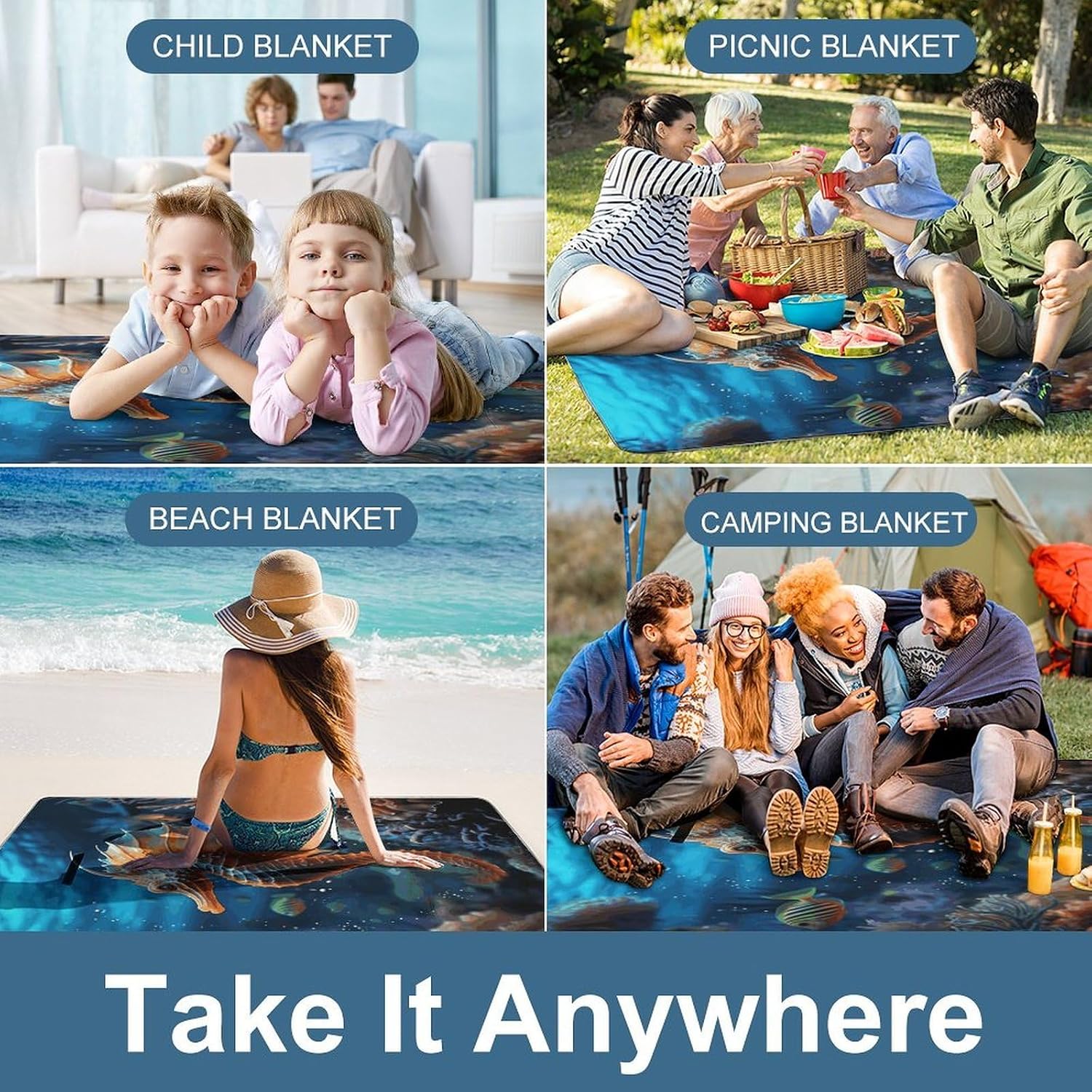 Ocean Seahorse Foldable Waterproof Outdoor Picnic Mat for Beach, Camping & Park - Outdoor Rugs with Sponge Padding