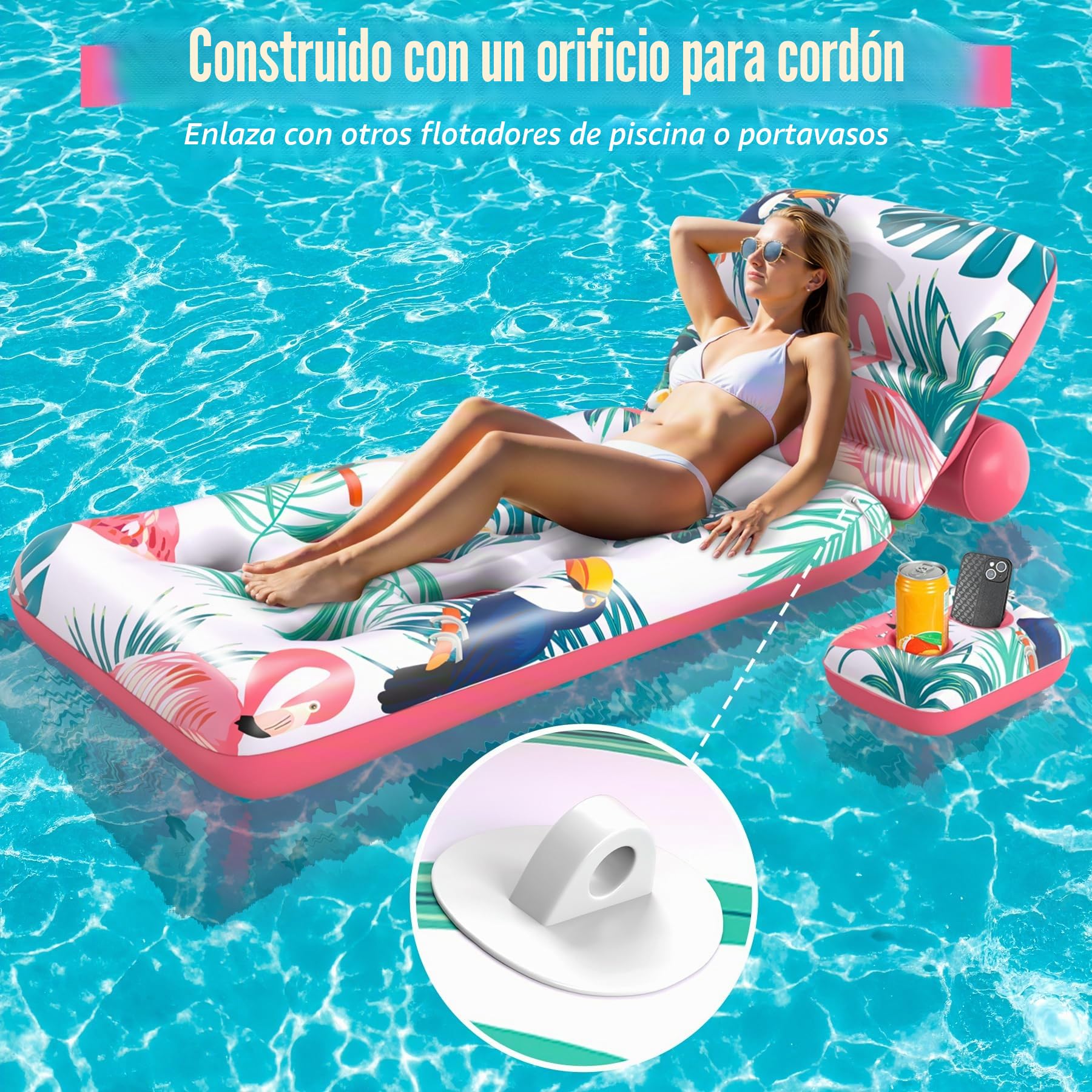 Colchoneta Piscina Adultos con Respaldo Ajustable, Flotador con Soporte Flotante para Bebidas, Ideal para Piscinas Lagos Playas y para Tomar el Sol, Sillon Hinchable para Niños y Adultos
