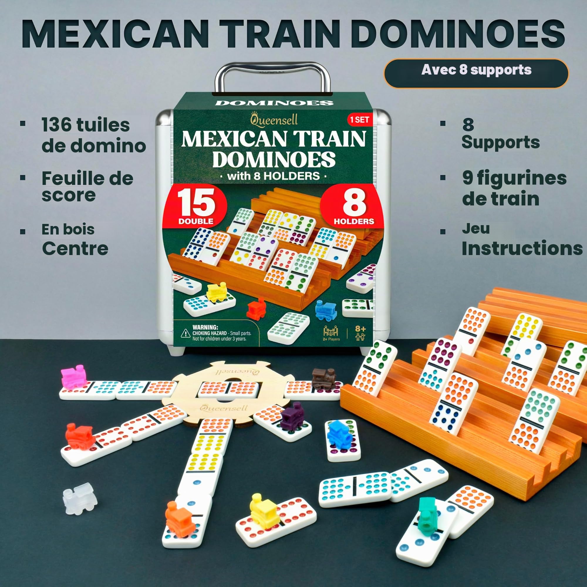 Queensell Set de Dominos Mexicains Double 15 avec 8 Supports - Moyeu et Porte-Jetons en Bois - Double 15 avec Points (D15 + 8 Supports)