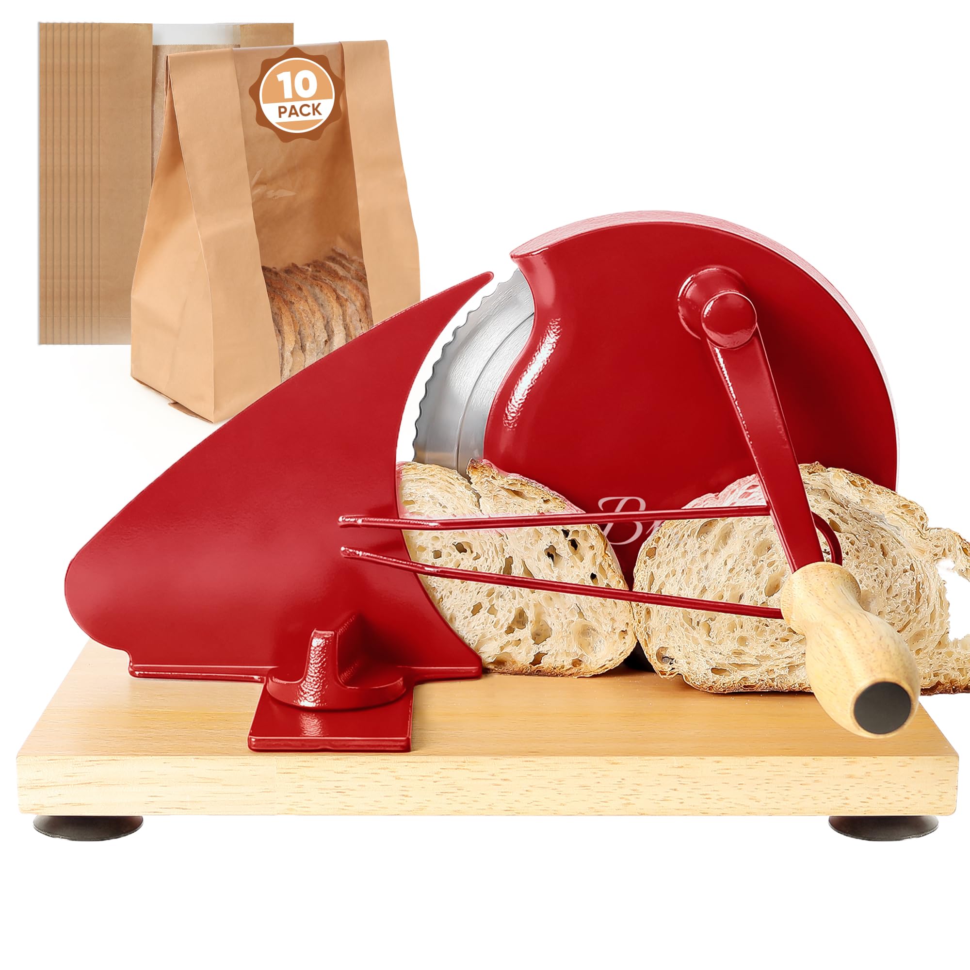 Brvclon Affettatrice manuale per pasta madre fatta in casa, spessore regolabile, affettatrice per pane a manovella con lama in acciaio inossidabile, telaio in lega di alluminio e base in legno