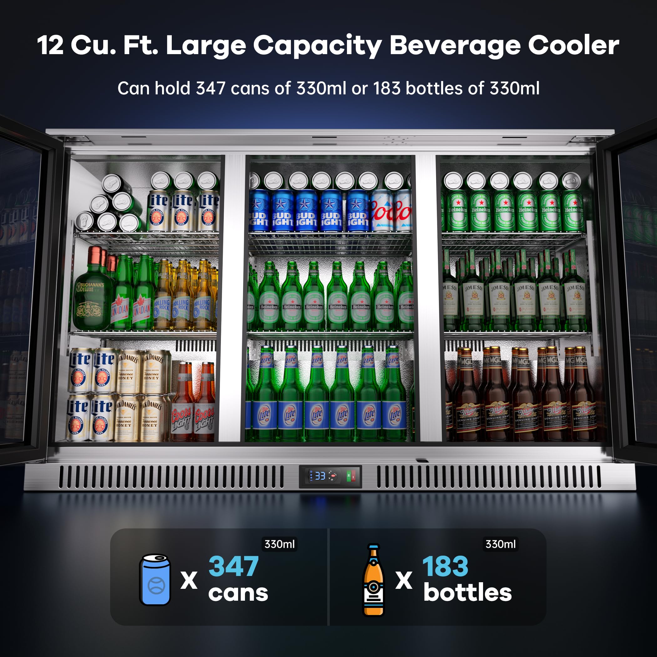 Coolski 53 Inch Beverage Refrigerator with 3 Doors, Commercial Back Bar Cooler for Beer Soda, Undercounter Display Fridge for Bar Restaurant Home, 12 Cu.Ft. LED Lighting ETL NSF Approved on Fridge.com