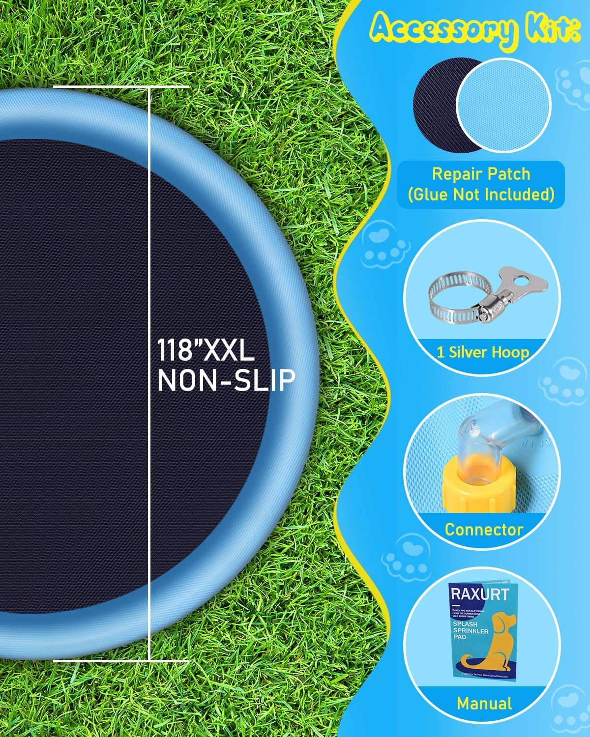 Raxurt Splash Pad for Kids and Dogs, 118'' Super Large Anti-Slip Splash Sprinkler Pad for Baby Toddler, Thicken Splash Pad Dog Pool Summer Outdoor Water Toys, 9.8FT Blue
