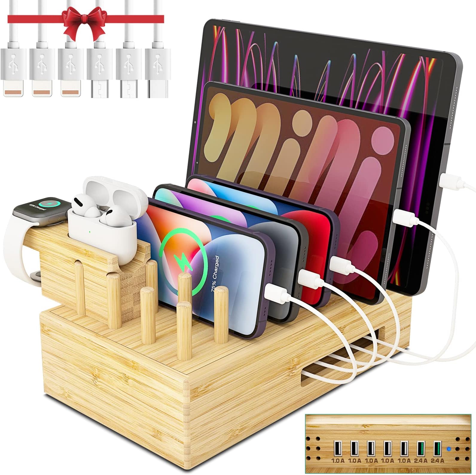 Natural Bamboo Charging Station Organizer For Multiple Devices Desk Charging Station Organizer Wooden Docking Station Multi Device Charging Stand With Cable Cord Drawer For Phone Tablet Airpods Watch - View #4
