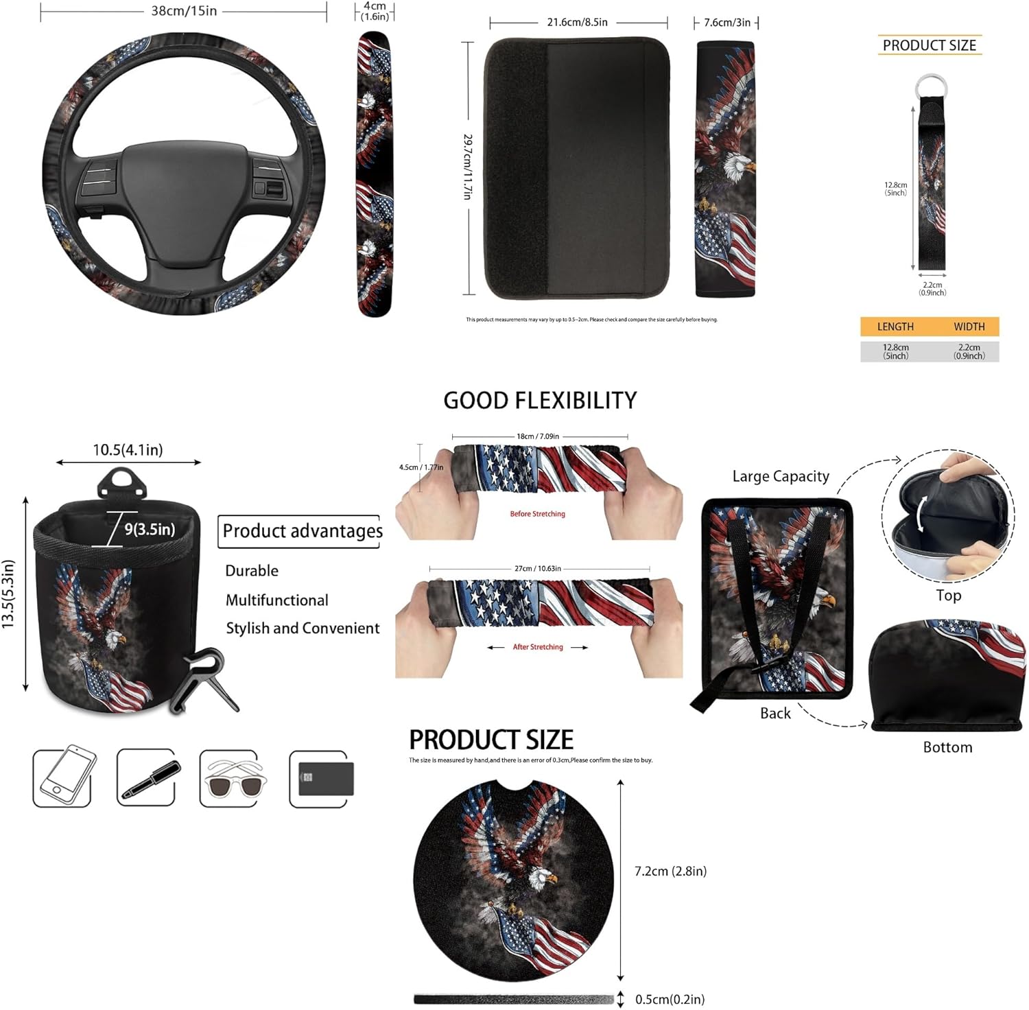 CLOHOMIN American Flag Car Seat Cover Set Eagle Car Steering Wheel Cover Seat Belt Pads Gabage Bin Car Air Vent Organizer Rearview Mirror Cover Cup Holder Wristlet Lanyard Keychain 15 Pack