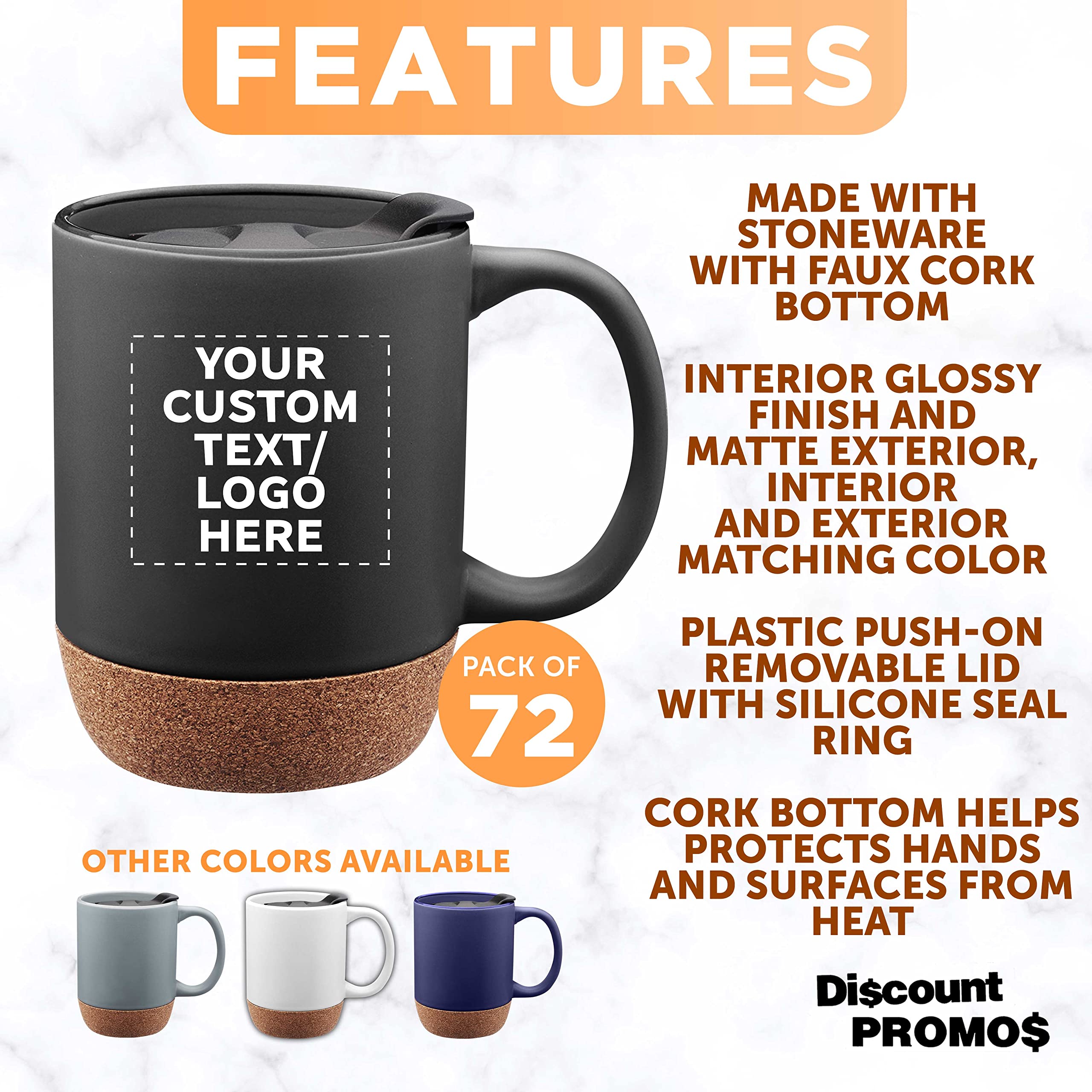 Custom Barista Ceramic Mugs with Cork Bottom 13 oz. Set of 72, Personalized Bulk Pack - Perfect for Coffee, Tea, Espresso, Hot Cocoa, Other Beverages - Black