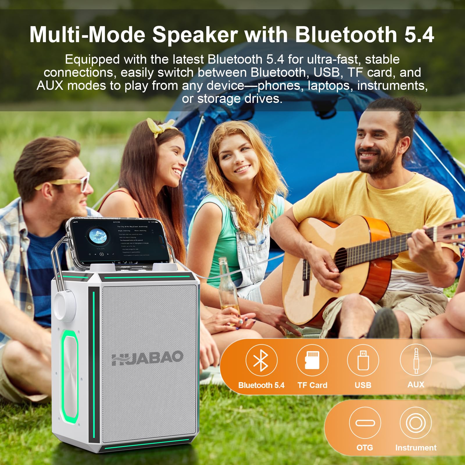 Tragbarer Bluetooth-Karaoke-Lautsprecher mit 2 kabellosen Mikrofonen, RGB-Beleuchtung, Höhen- und Bassregelung, Stimmeffekten, AUX/USB/TF/OTG/6,5-mm-Eingang, Party-Lautsprecher (weiß)