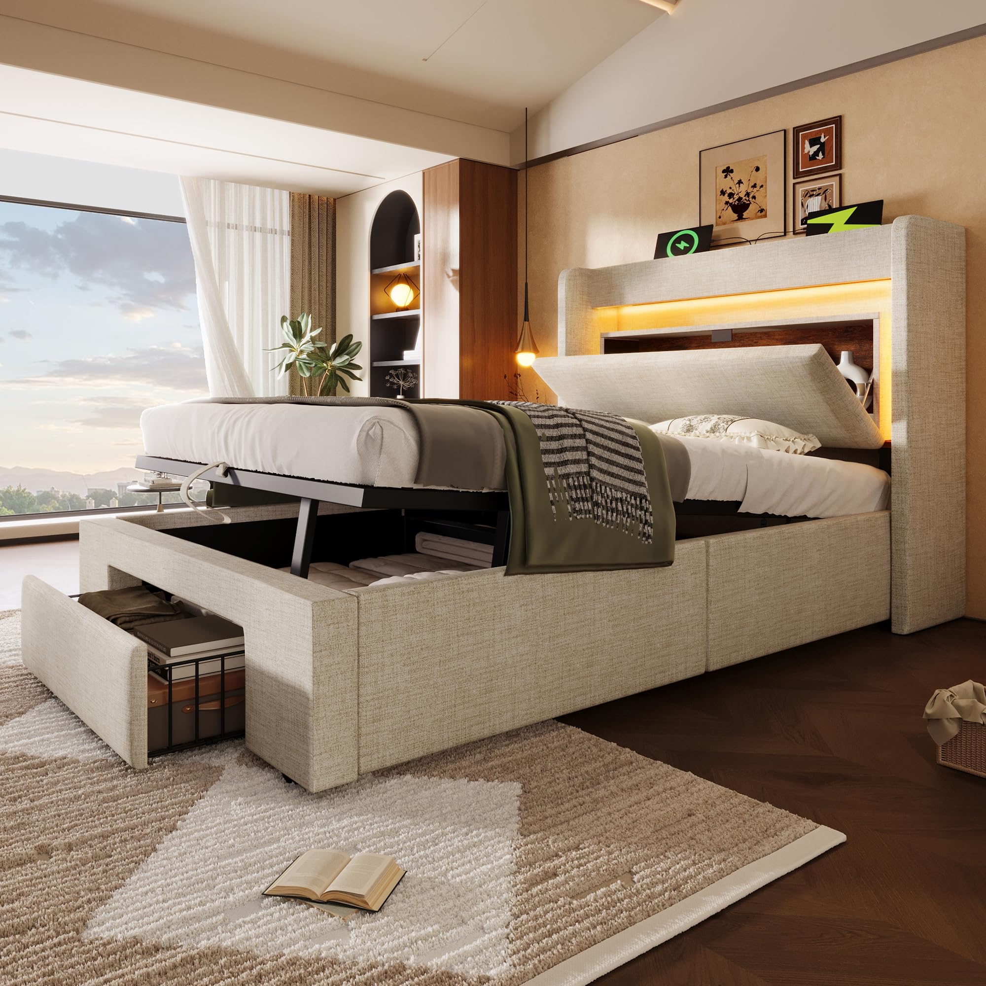 Cama 90x200 cm Camas Juveniles con USB y LED, Cama Individual Tapizada con Almacenamiento Abatible y Cajón, Camas Infantiles Individuales con Almacenaje Hidráulico, Lino, Sin Colchón, Beige